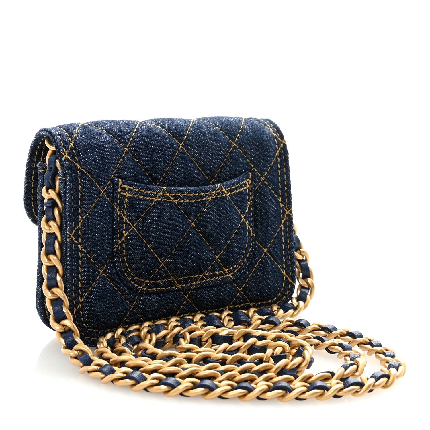 Denim Quilted Double You Card Holder On Chain Blue