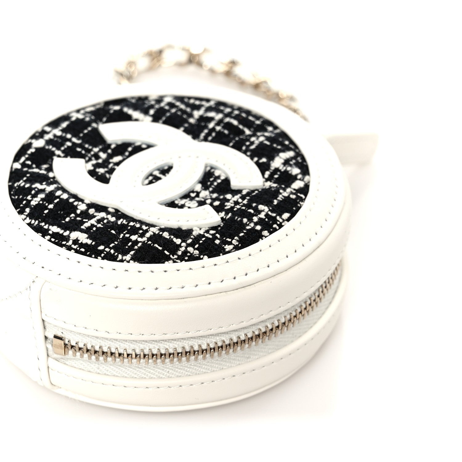 Tweed Quilted Round Filigree Pouch With Chain White Black