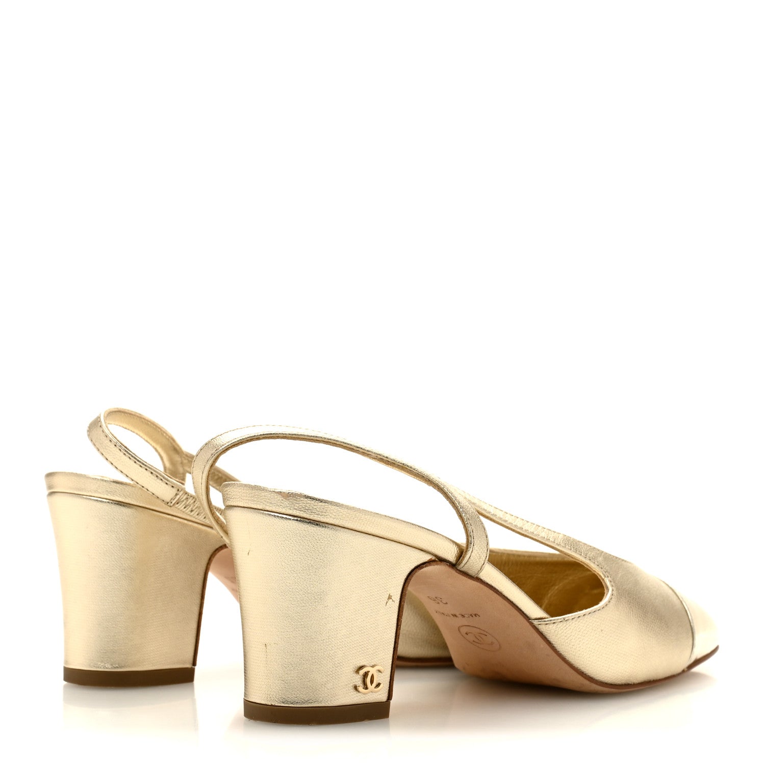 Metallic Calfskin Grosgrain Cap Toe CC Slingback Sandals 36 Gold
