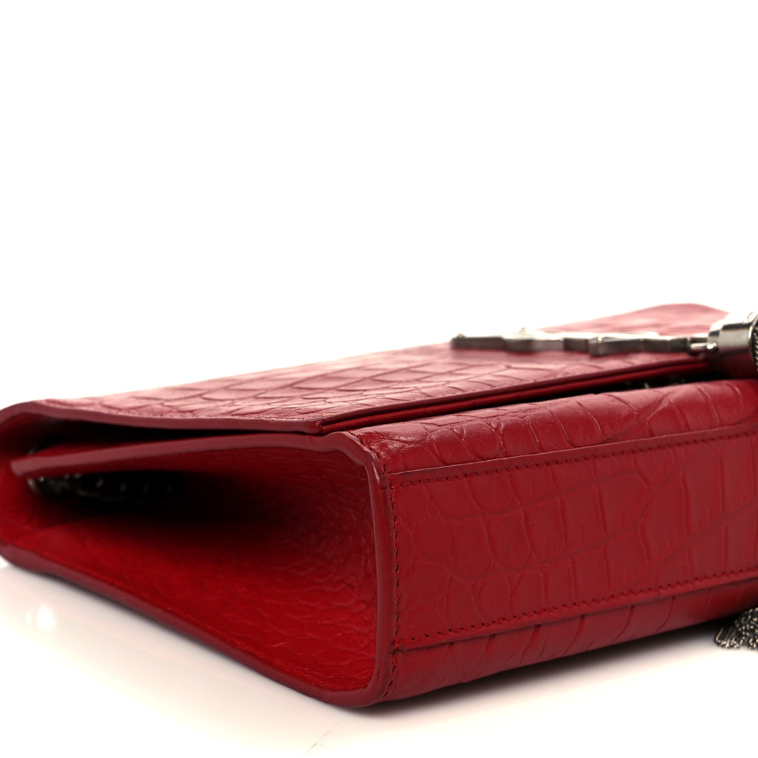 Calfskin Crocodile Embossed Medium Classic Monogram Kate Tassel Satchel New Red