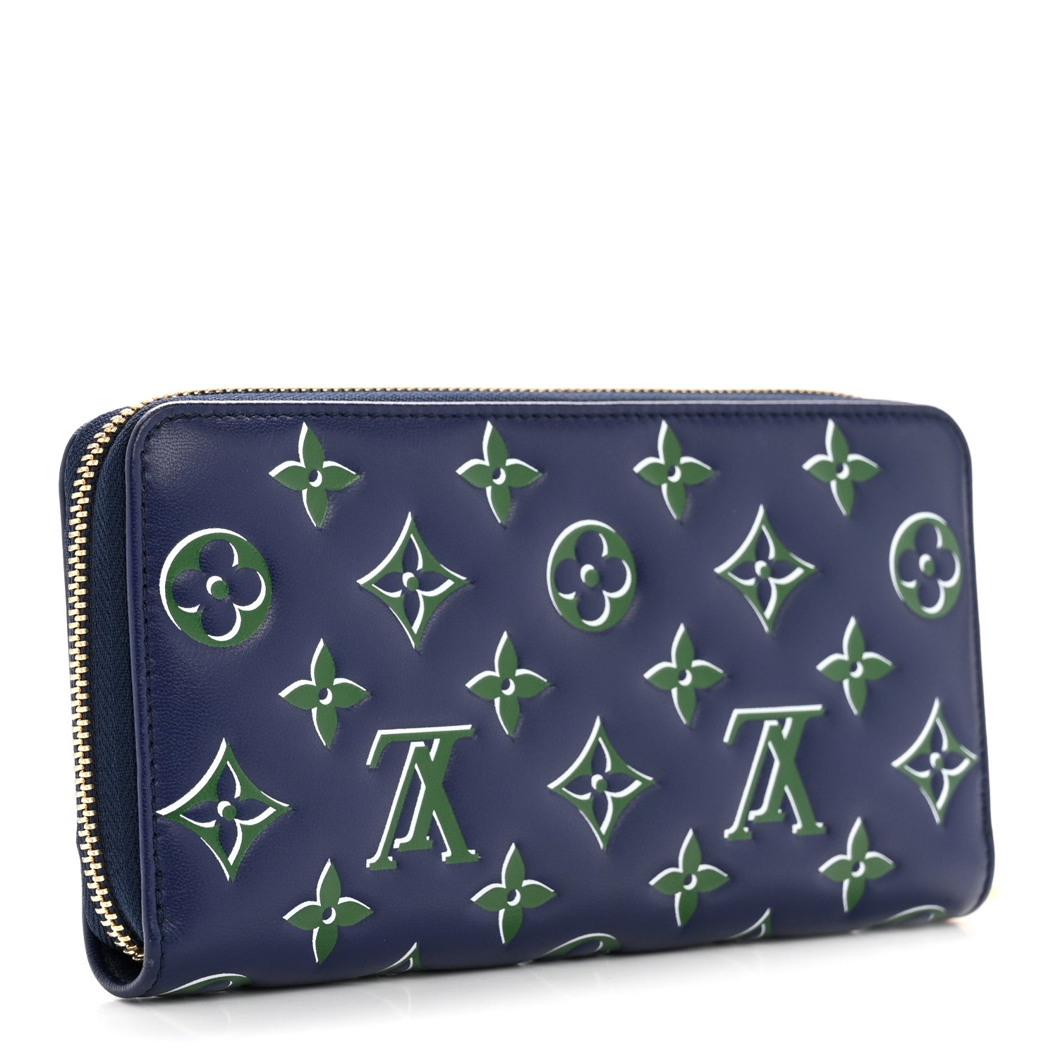 Lambskin Embossed Monogram LV Coussin Zippy Wallet Blue Green