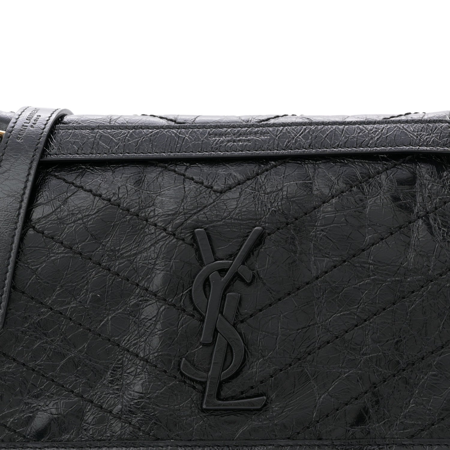 Crinkled Calfskin Matelasse Monogram Medium Niki Chain Satchel Black