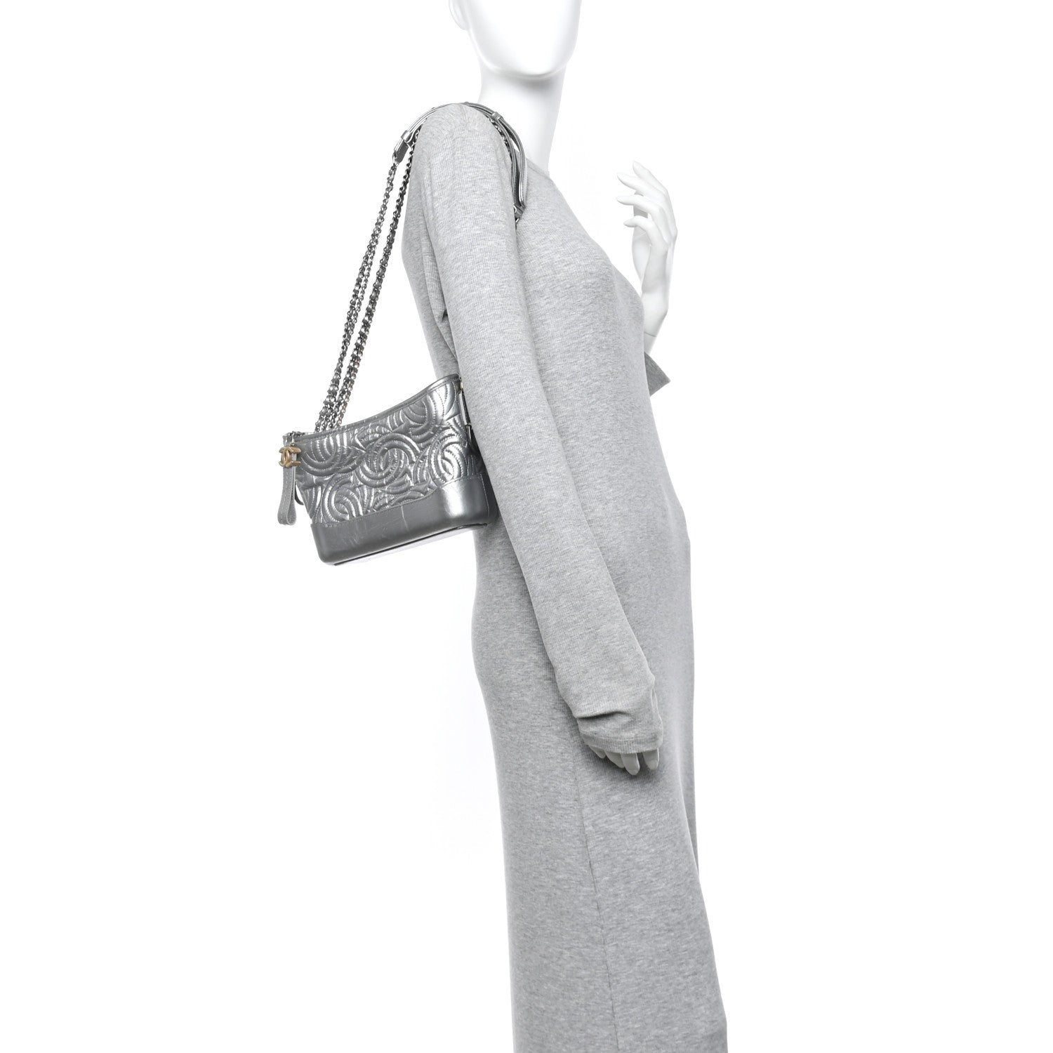 Metallic Aged Calfskin CC Quilted Small Gabrielle Hobo Dark Silver