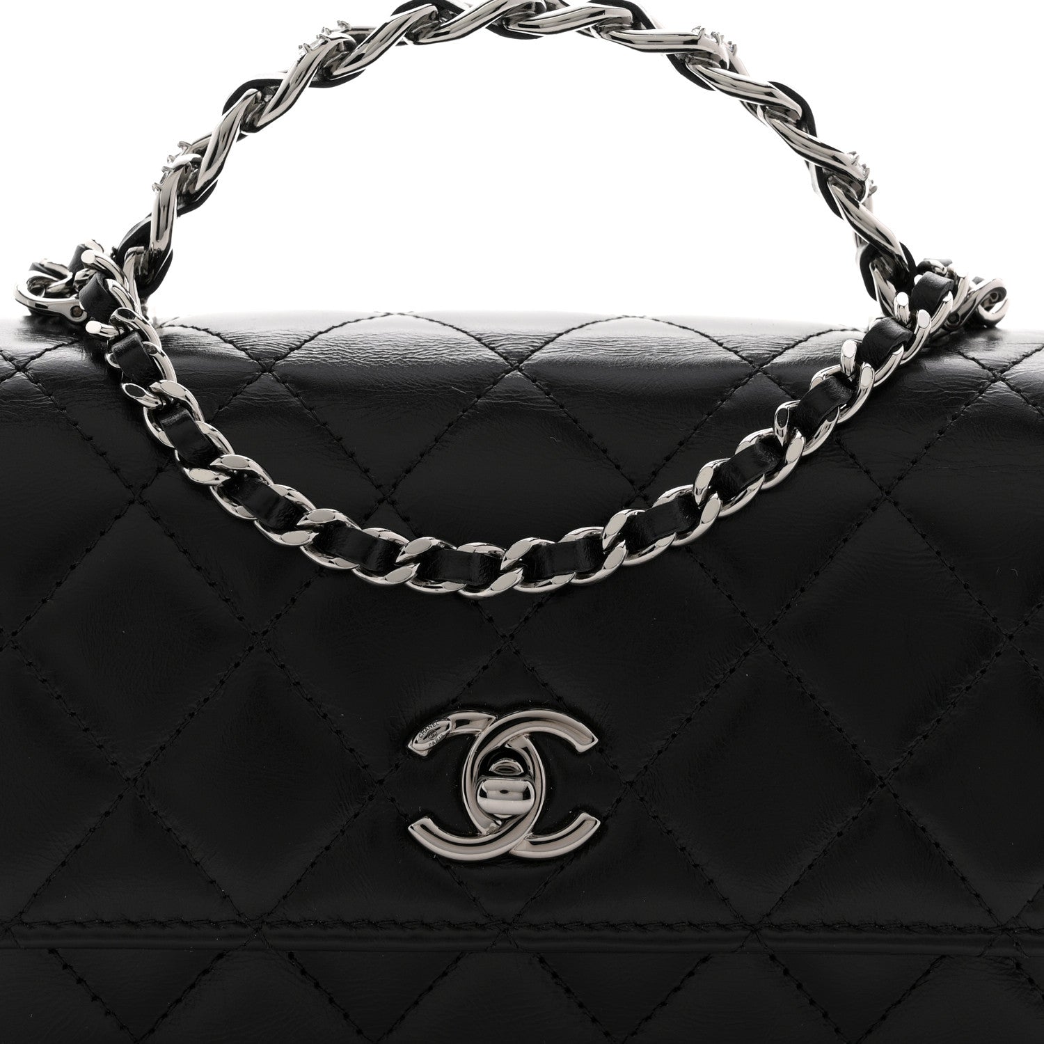 Shiny Crumpled Calfskin Crystal Quilted Precious Handle Clutch With Chain Black