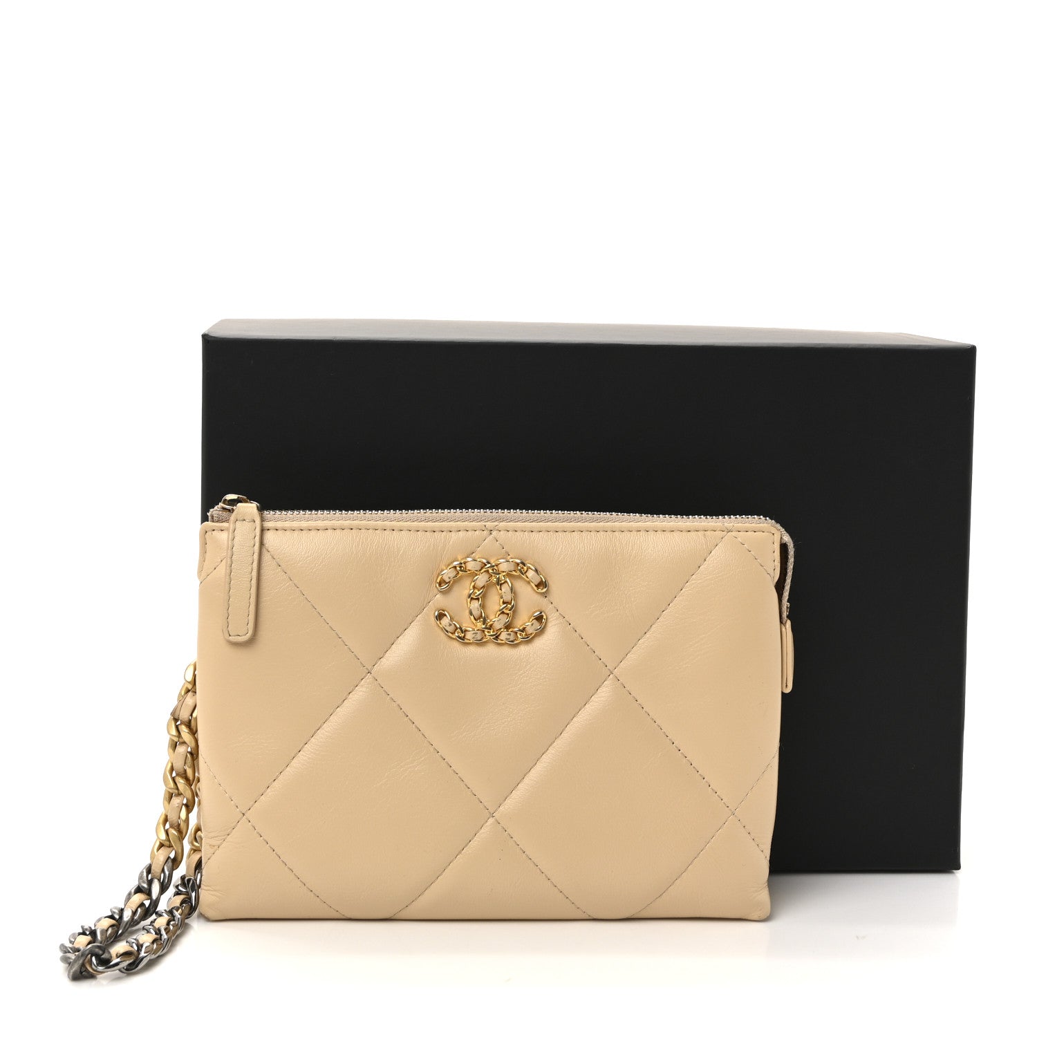 Shiny Goatskin Quilted Chanel 19 Small Pouch With Handle Beige