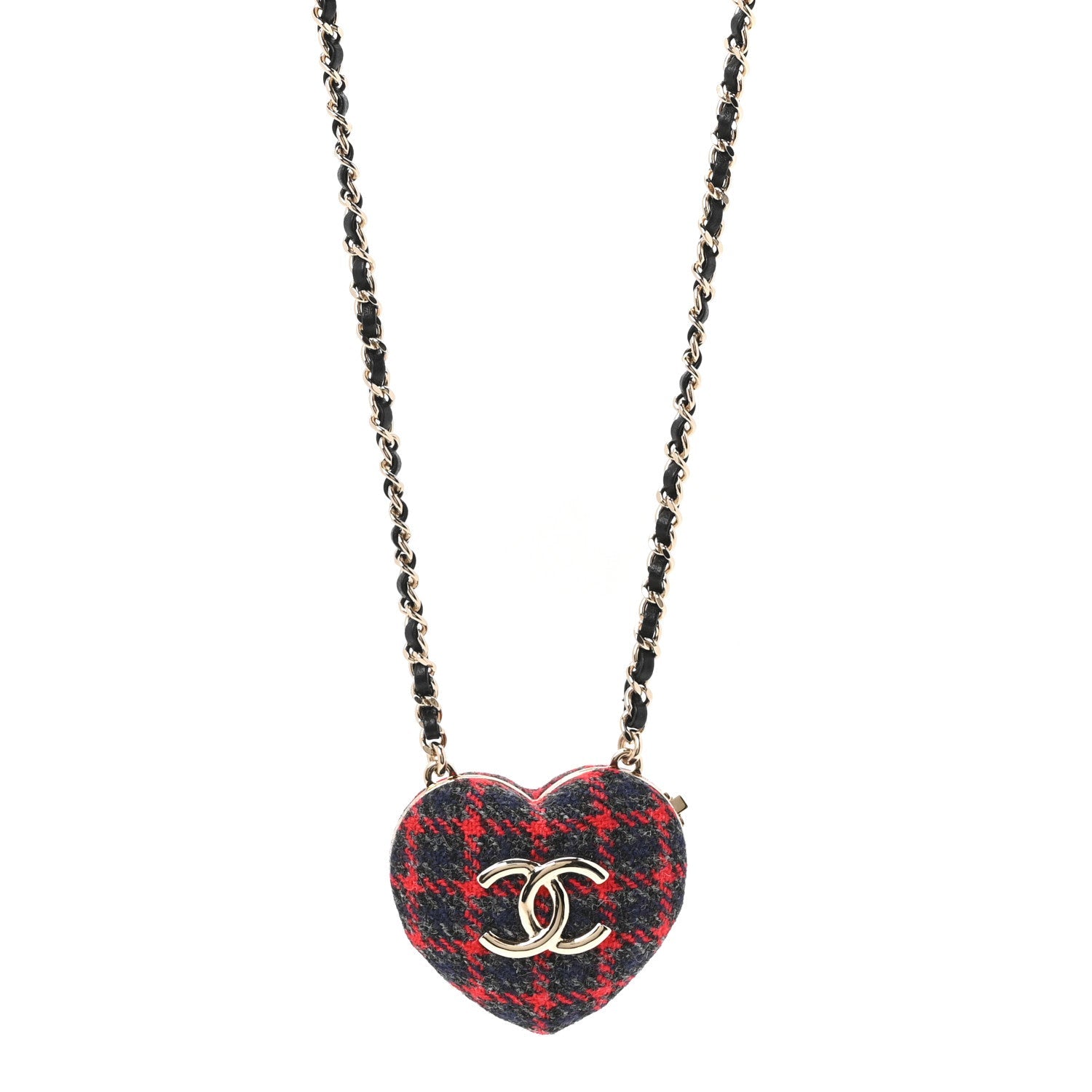 Tweed Lambskin CC Heart Locket Necklace Gold Grey Red Black