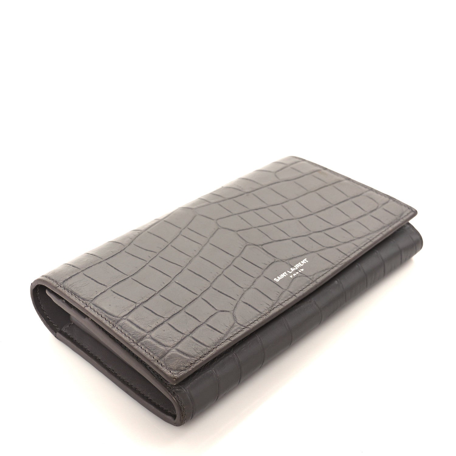 Calfskin Crocodile Embossed Classic Large Flap Wallet Fog
