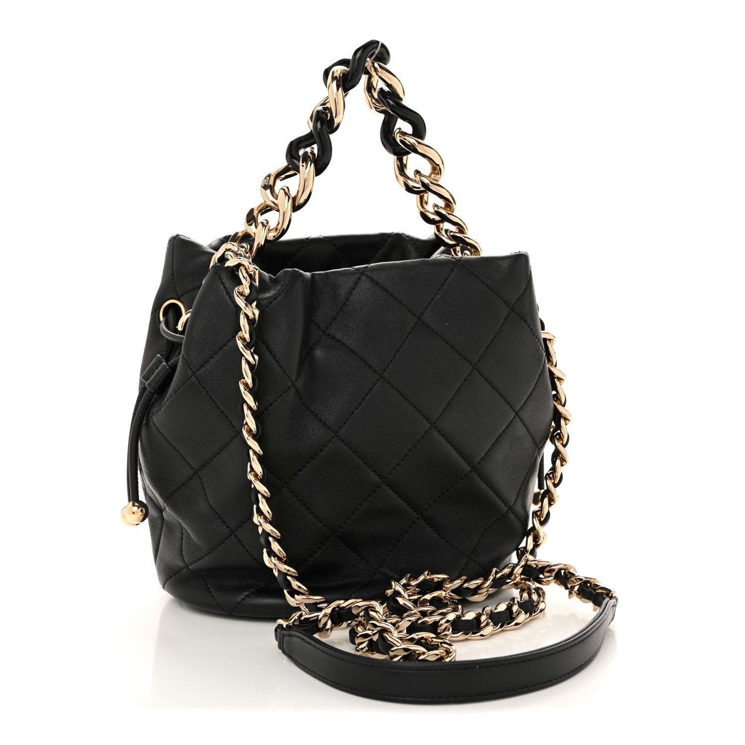 Lambskin Quilted Resin Bi-Color Chain Bucket Bag Black