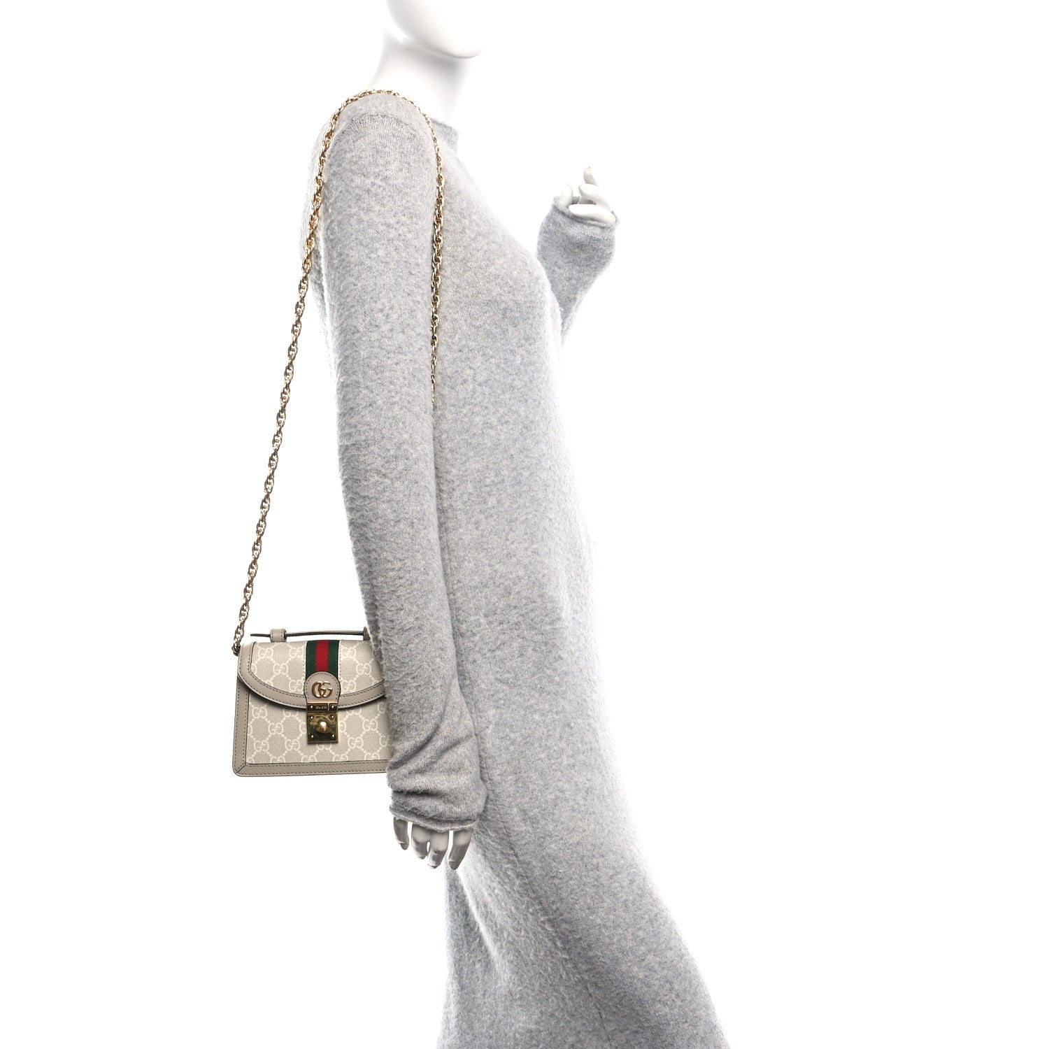 GG Supreme Monogram Textured Dollar Calfskin Web Mini Ophidia Padlock Top Handle Chain Shoulder Bag Beige Mystic White Oatmeal