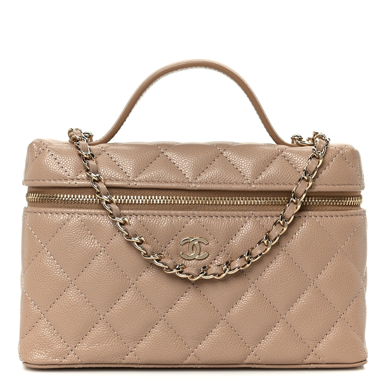 Caviar Quilted Top Handle Slim Vanity With Chain Dark Beige