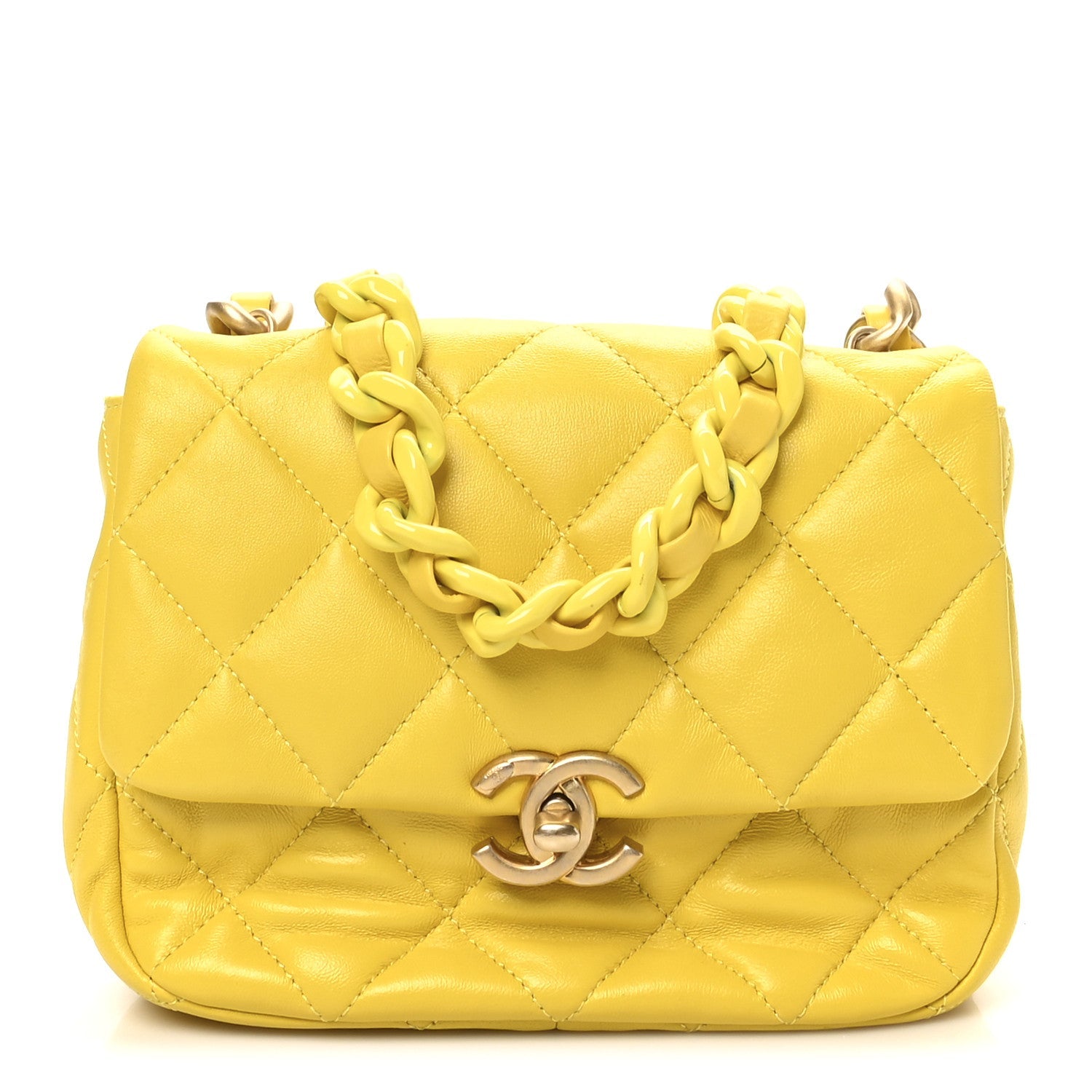 Lambskin Quilted Mini Lacquered Chain Flap Yellow