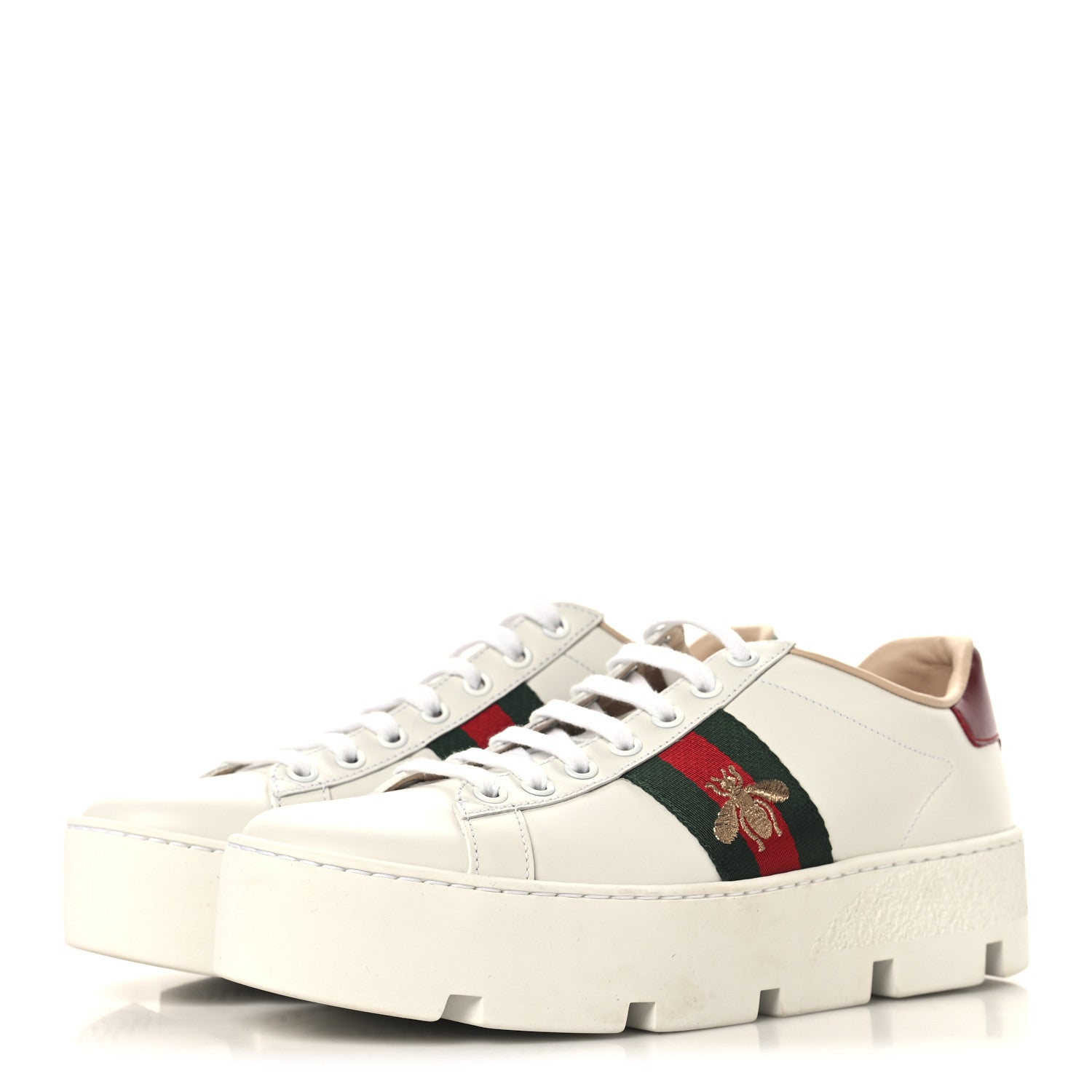 Calfskin Web Bee Embroidered Womens Ace Platform Sneakers 37.5 White