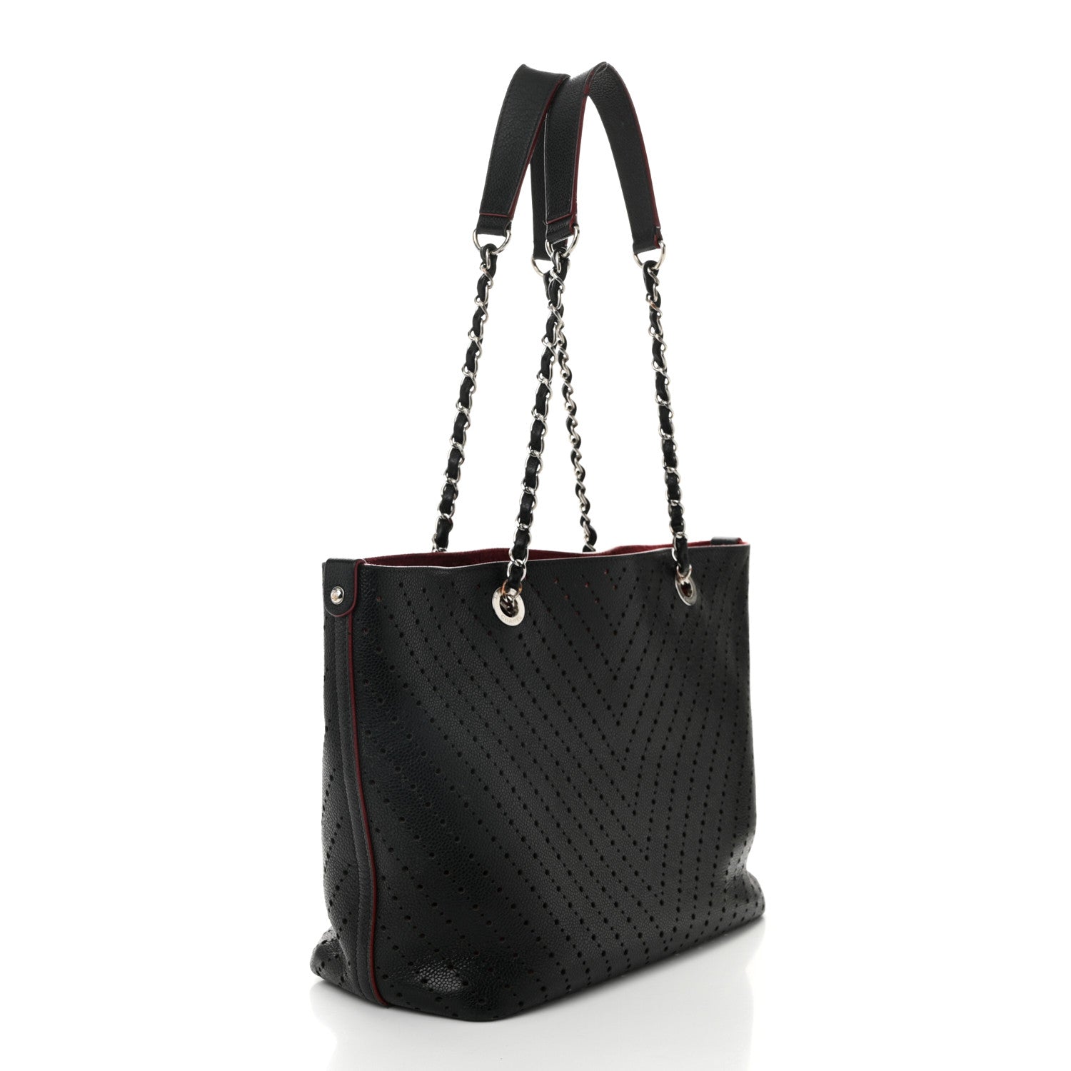 Perforated Grained Calfskin Large Shopping Tote Black