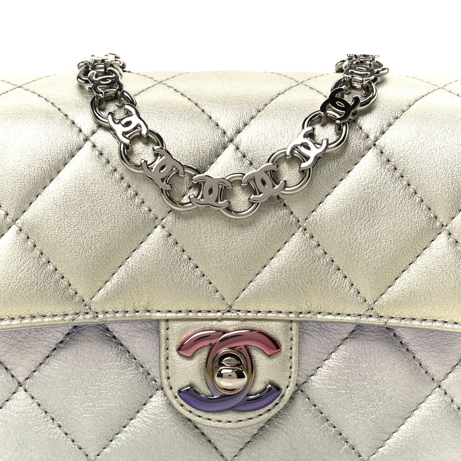 Gradient Metallic Calfskin Quilted Clutch Silver Blue Yellow Purple