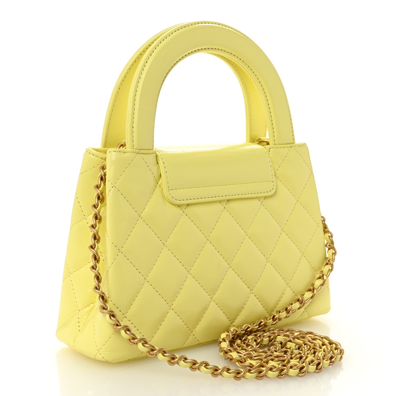 Shiny Aged Calfskin Quilted Nano Kelly Shopper Light Yellow