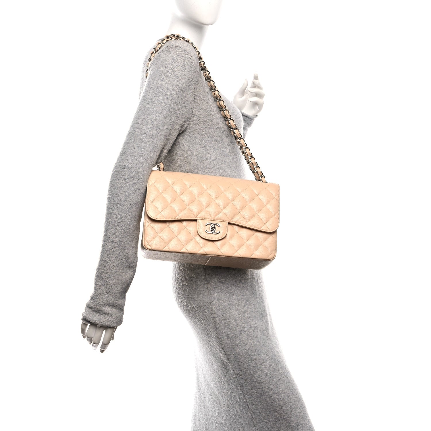 Caviar Quilted Jumbo Double Flap Beige
