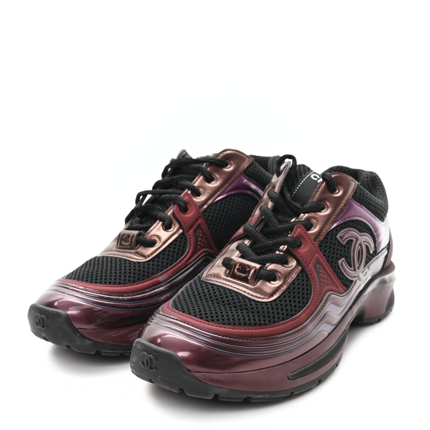 Fabric Laminated Calfskin Stretch CC Womens Sneakers 37.5 Black Purple Burgundy
