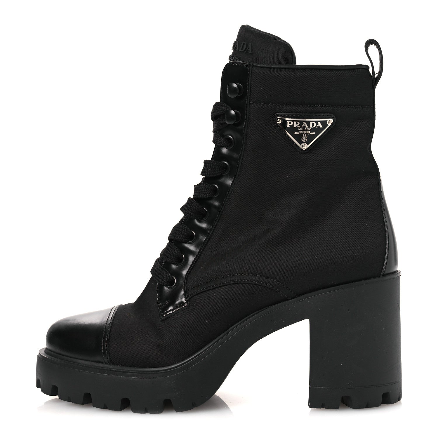 Spazzolato Re-Nylon Metal Triangle Logo Lace Up 55mm Ankle Boots 38.5 Black