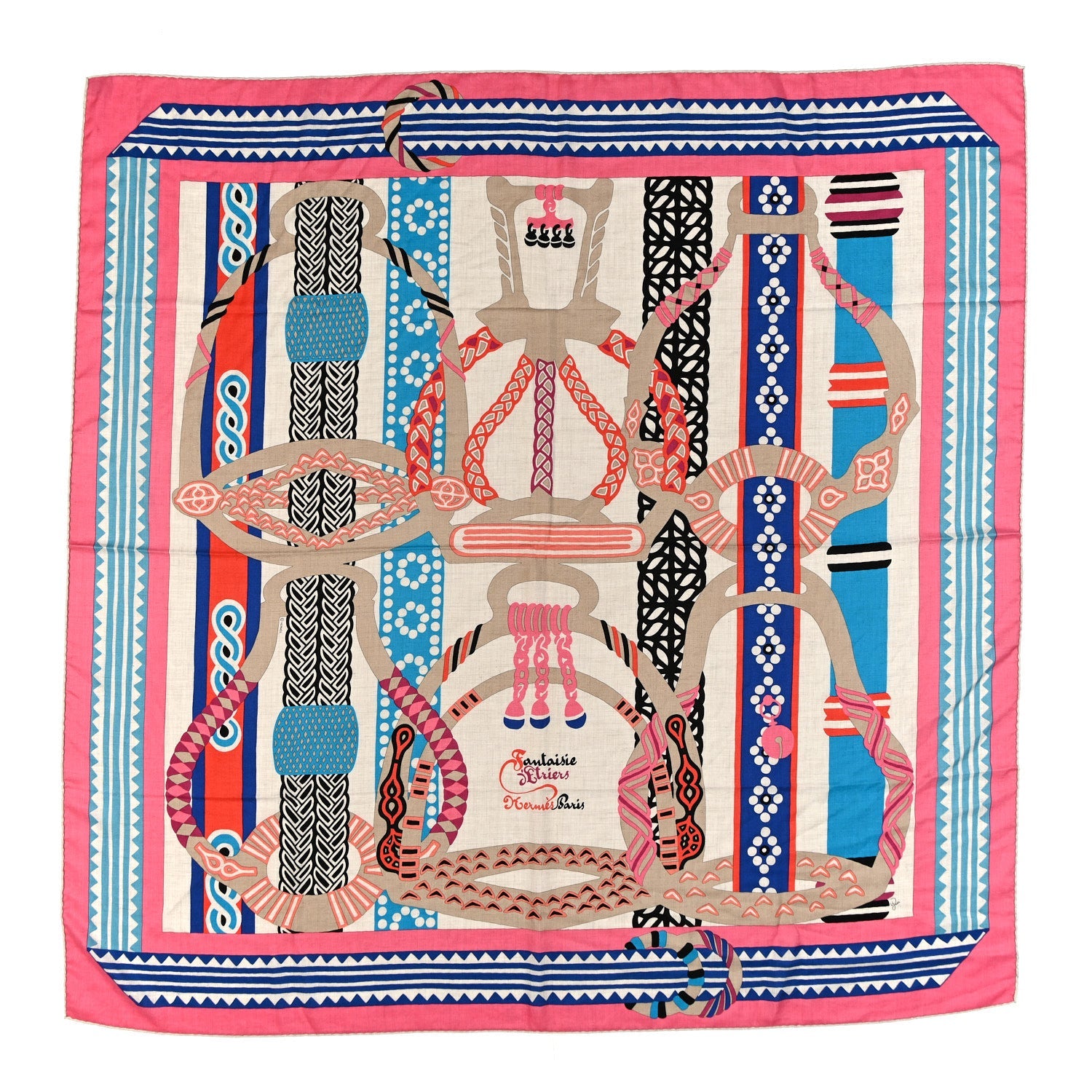 Cashmere Silk Fantaisie D'etriers Shawl 140 Rose Bonbon Naturel Bleu
