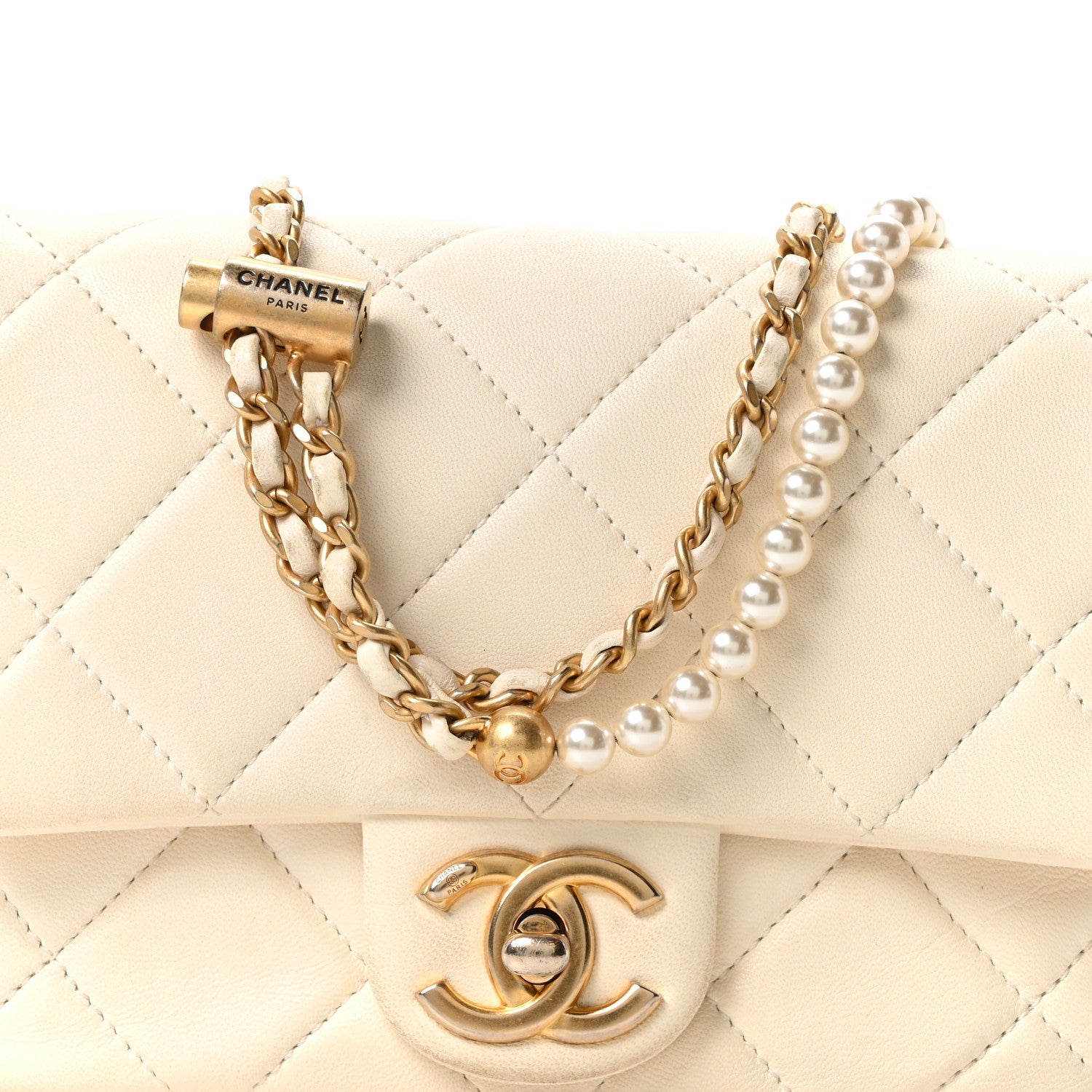 Shiny Lambskin Quilted Pearl Twist Mini Square Flap White