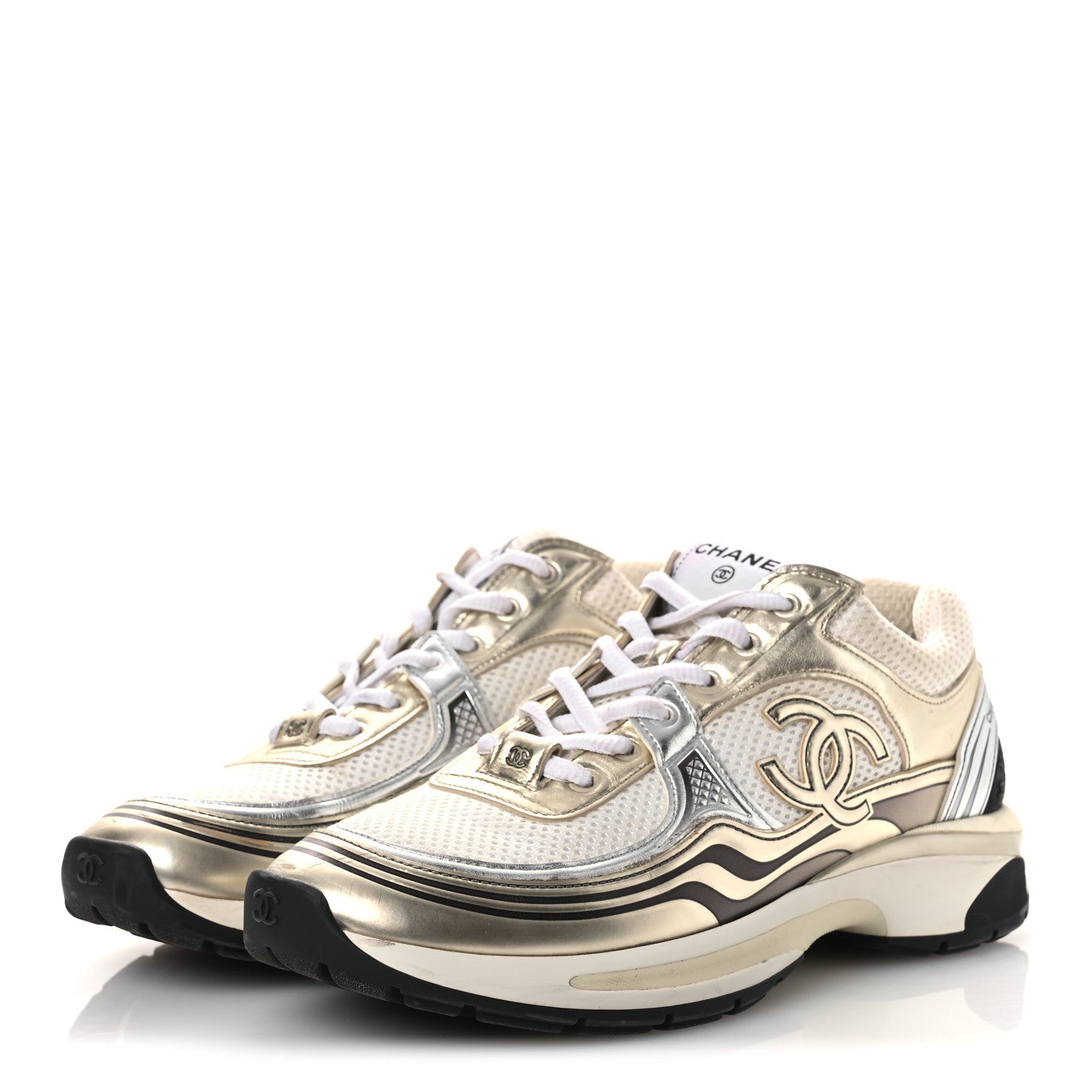 Fabric Laminated Calfskin Stretch CC Womens Sneakers 40 White Gold Silver