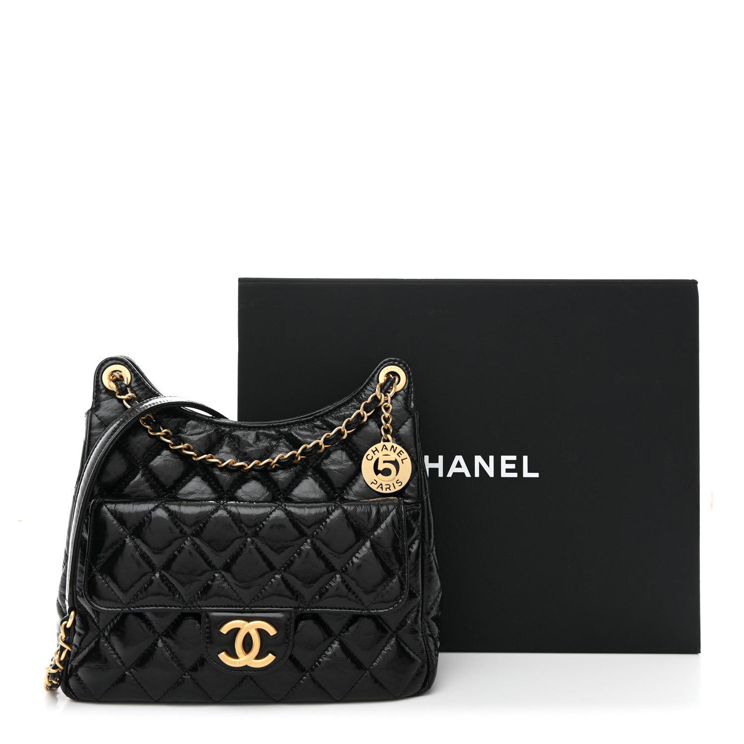Shiny Crumpled Calfskin Quilted Wavy CC Hobo Black