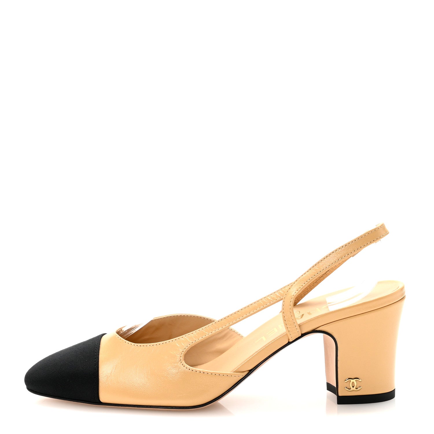 Goatskin Grosgrain Cap Toe CC Slingback Pumps 37.5 Beige Black