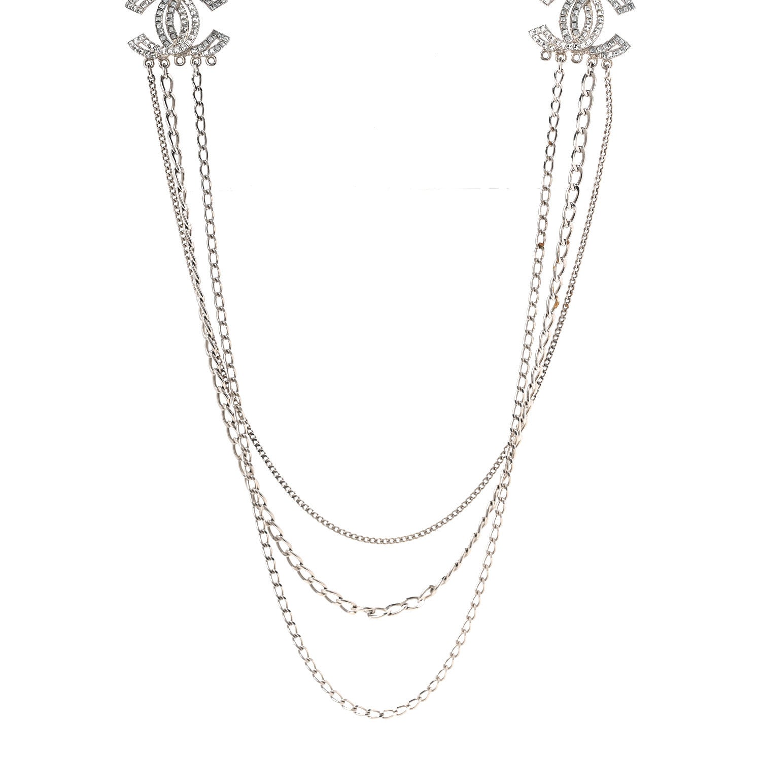 Crystal CC Multi Strand Long Chain Necklace Silver