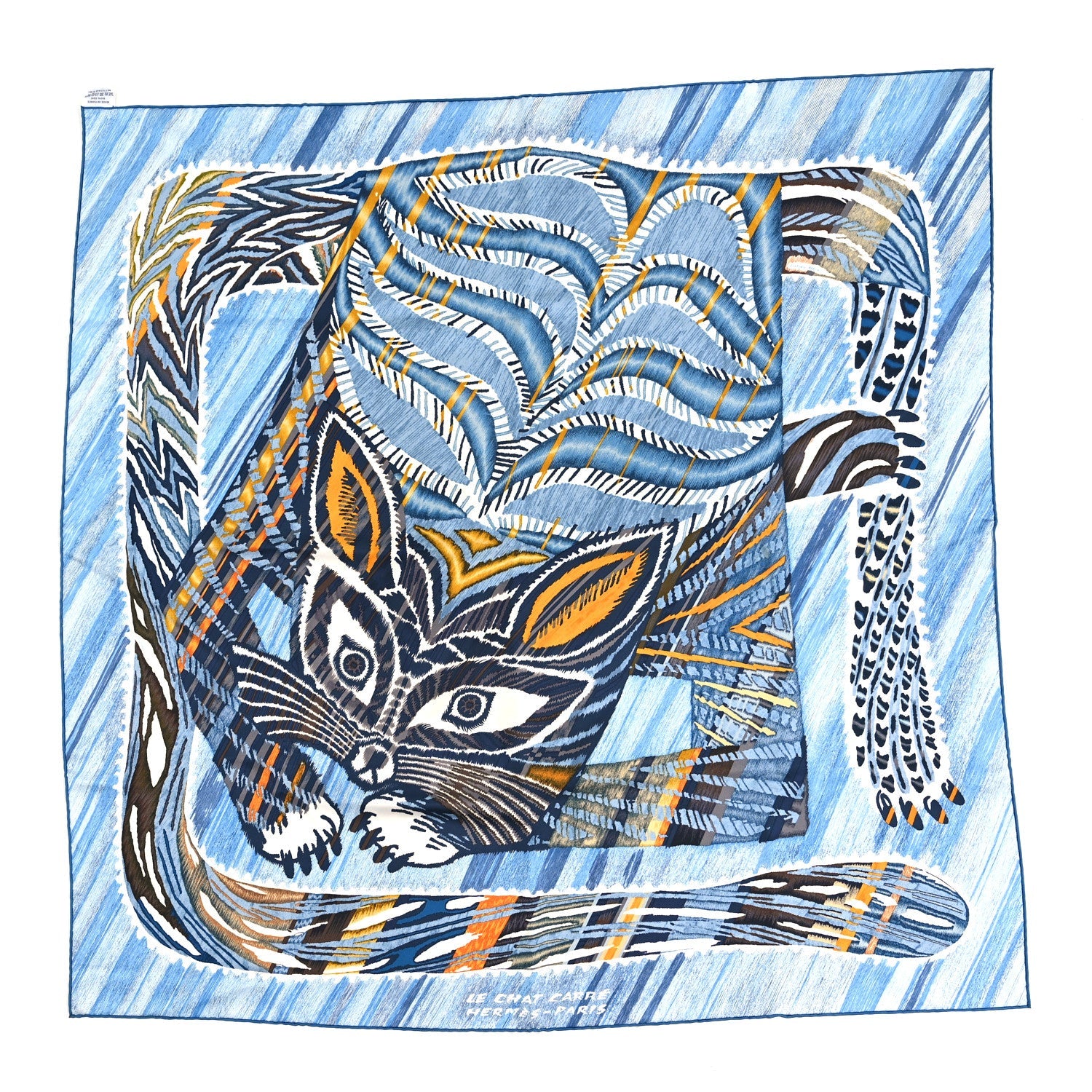 Silk Le Chat Carre Scarf 90 Bleu Caramel White