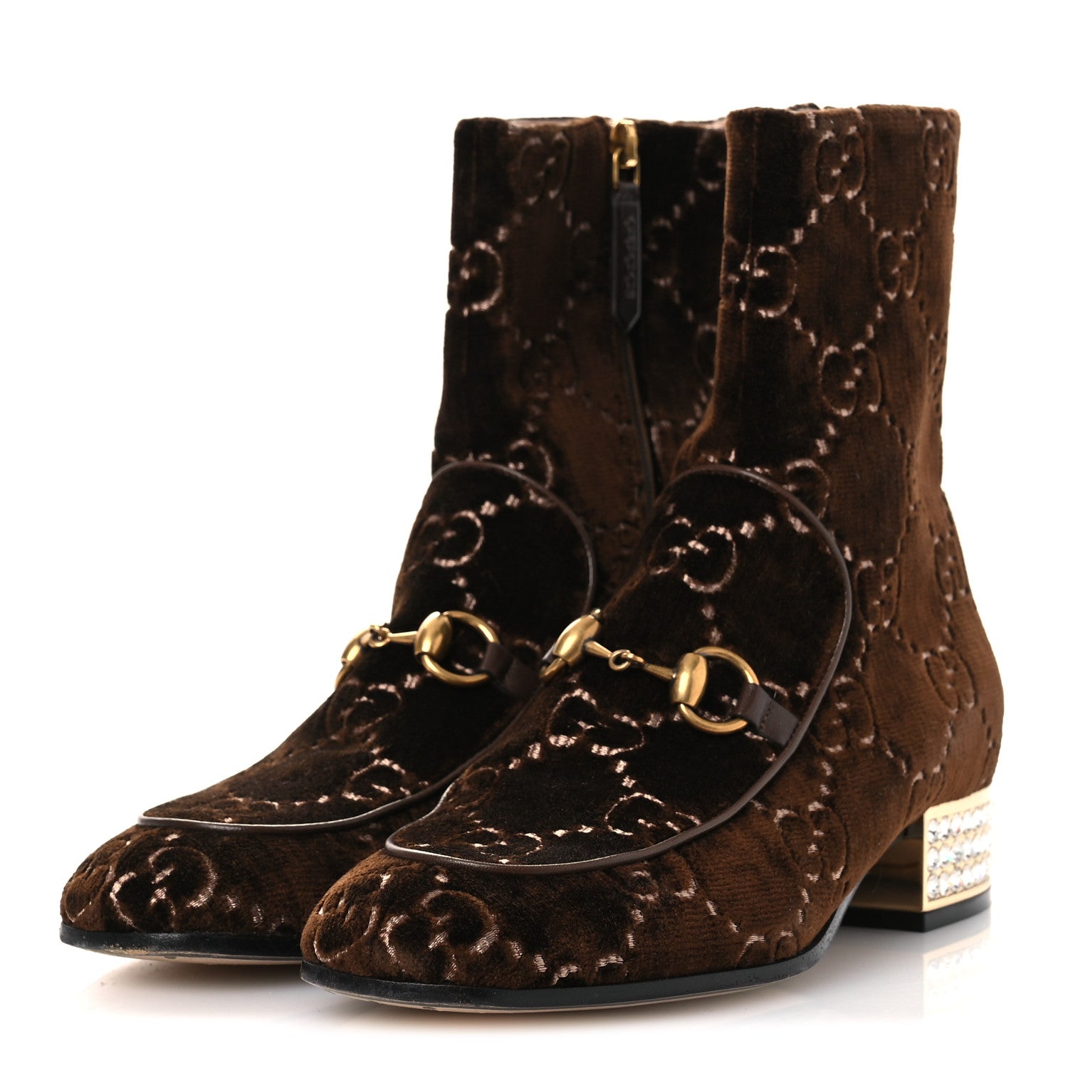 Velvet GG Monogram Crystal Horsebit Ankle Boots 37 Brown Vintage Cocoa