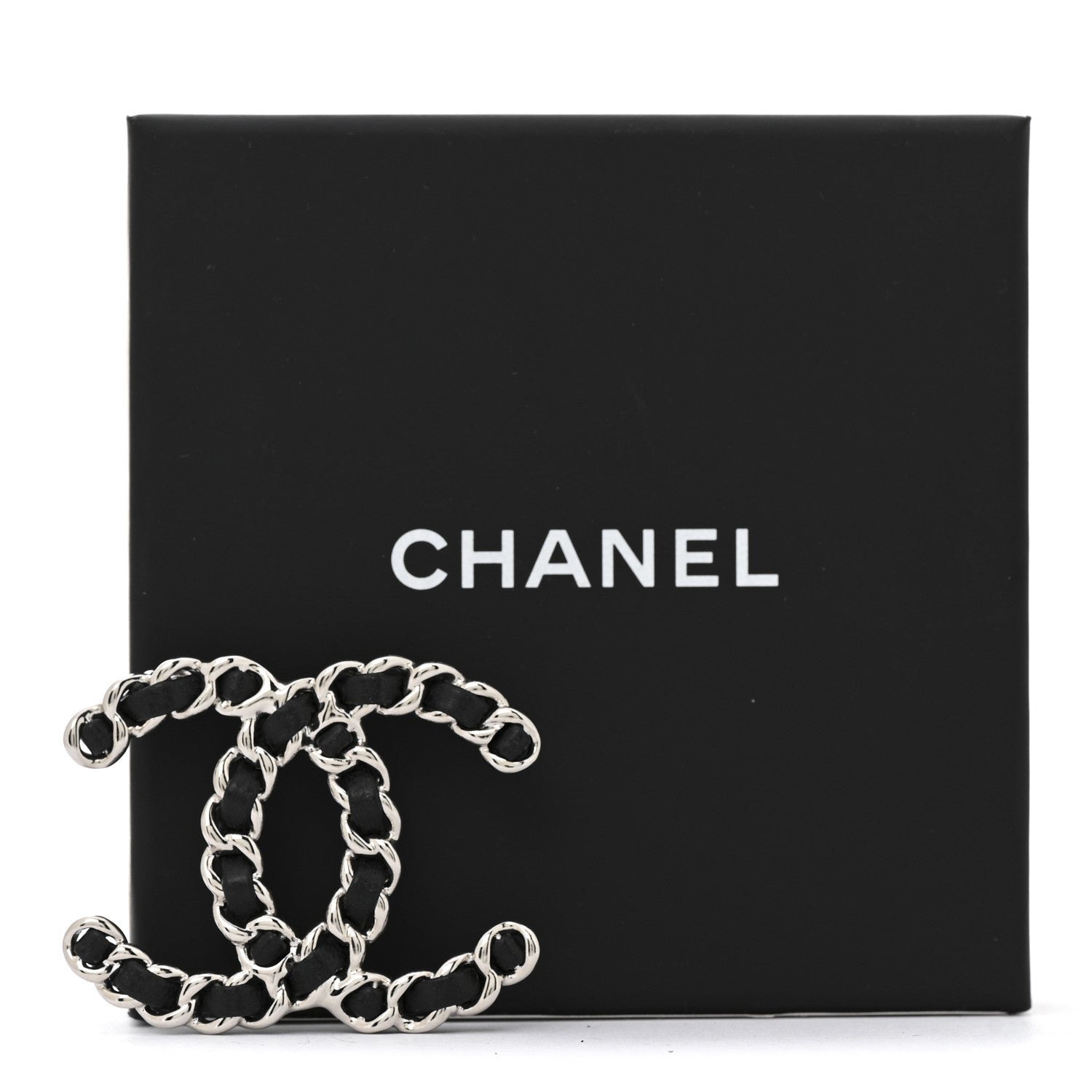 Lambskin Chain CC Brooch Black Silver