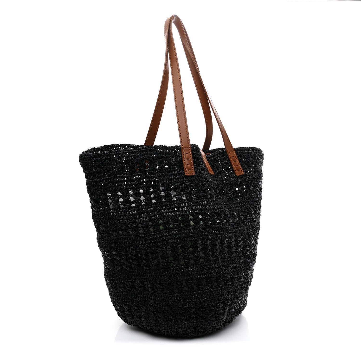 Raffia Calfskin Medium Panier Tote Black