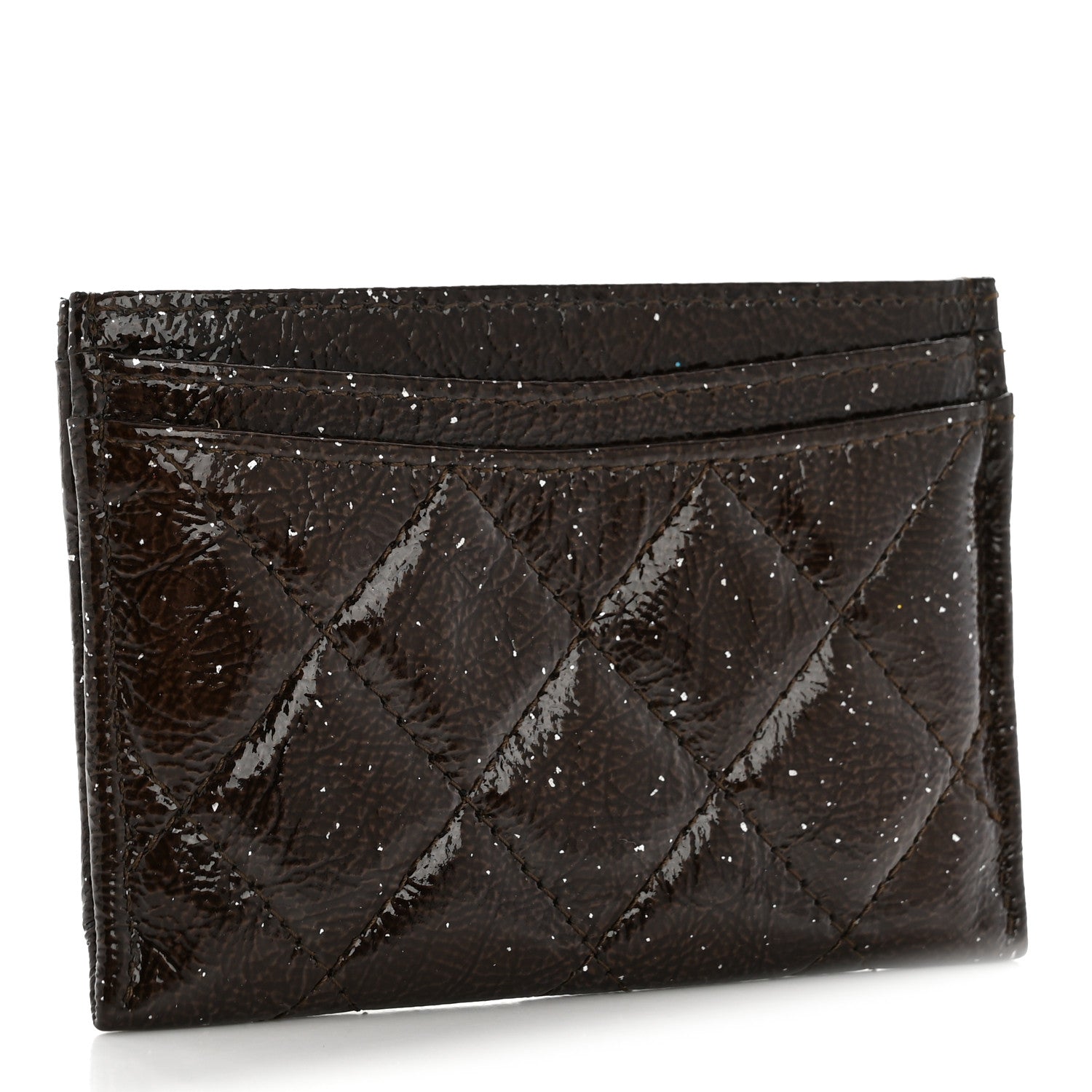 Distressed Patent Quilted Card Holder Dark Brown
