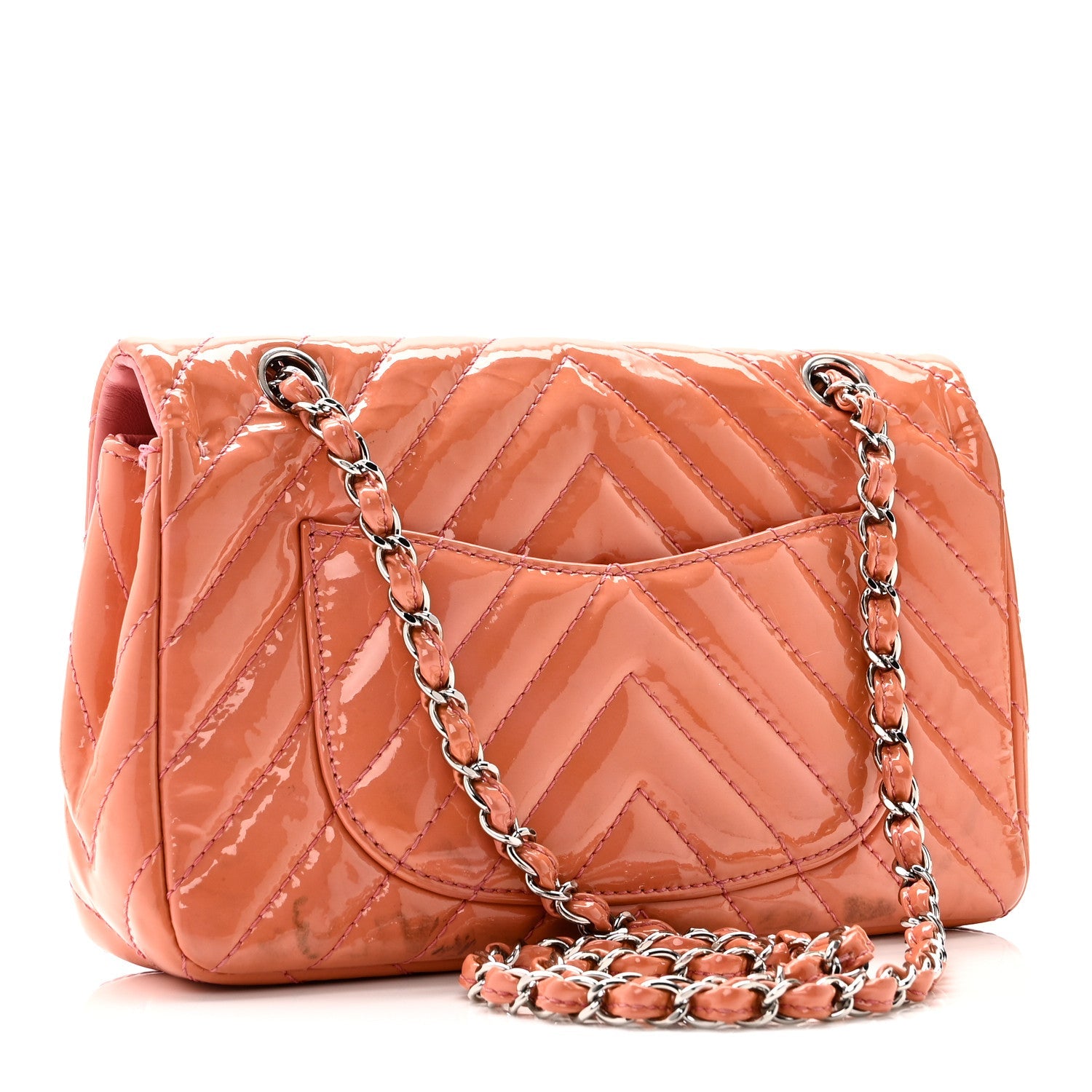 Patent Chevron Quilted Medium Single Flap Pink