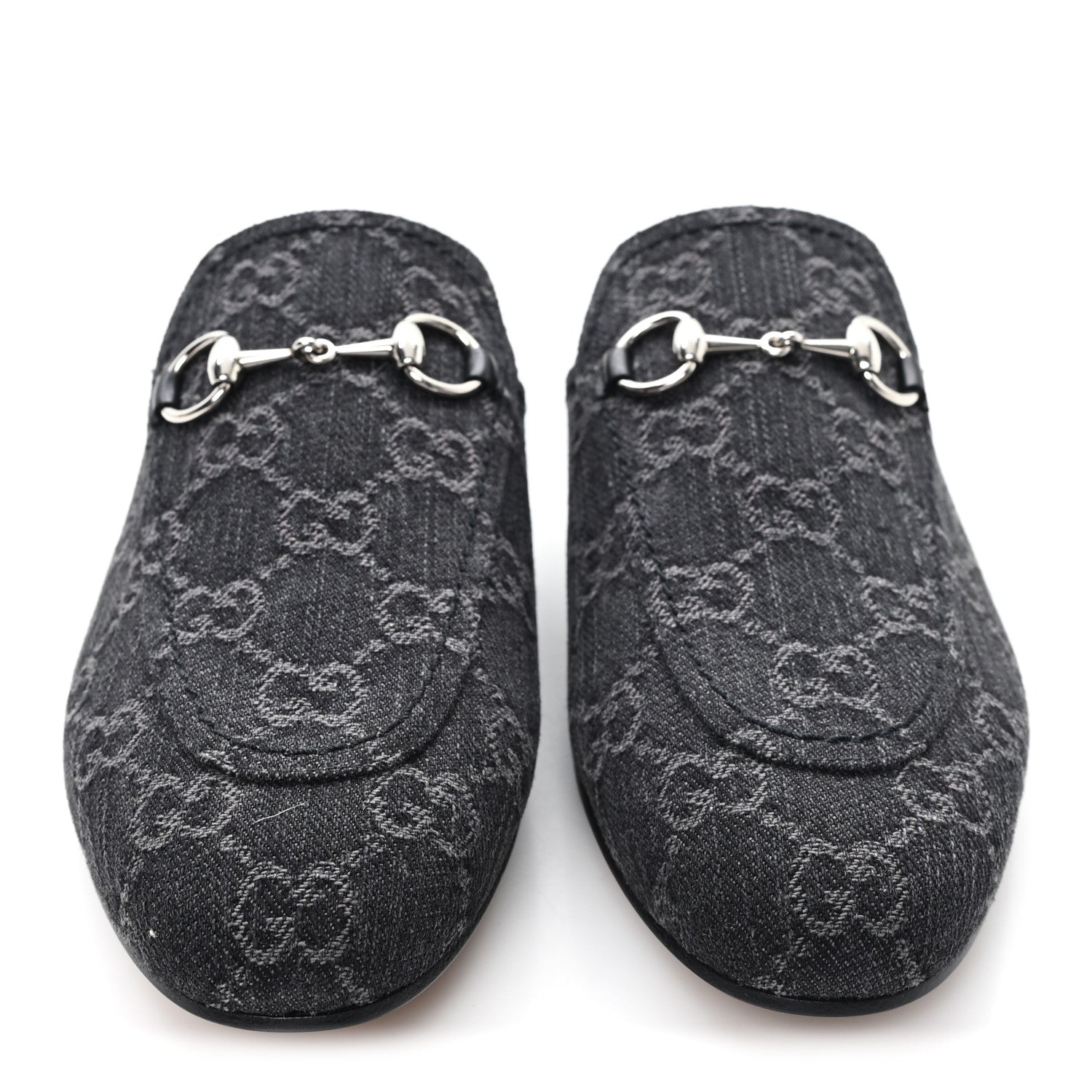 New Denim GG Malaga Kid Womens Princetown Slippers 37.5 Grey Black