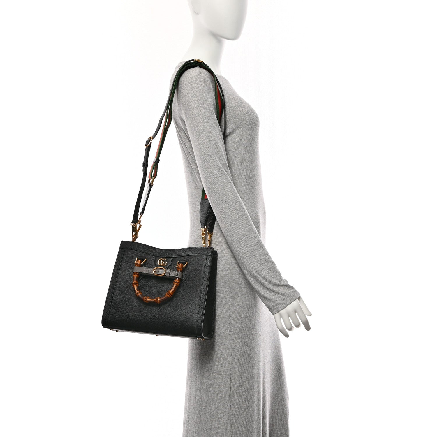 Textured Dollar Calfskin Web Small Diana Tote Bag Black Dusty Grey