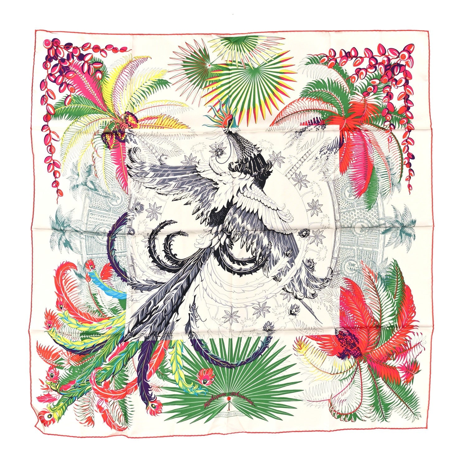 Silk Mythiques Phoenix Coloriage Scarf 90 Blanc Vert Rouge
