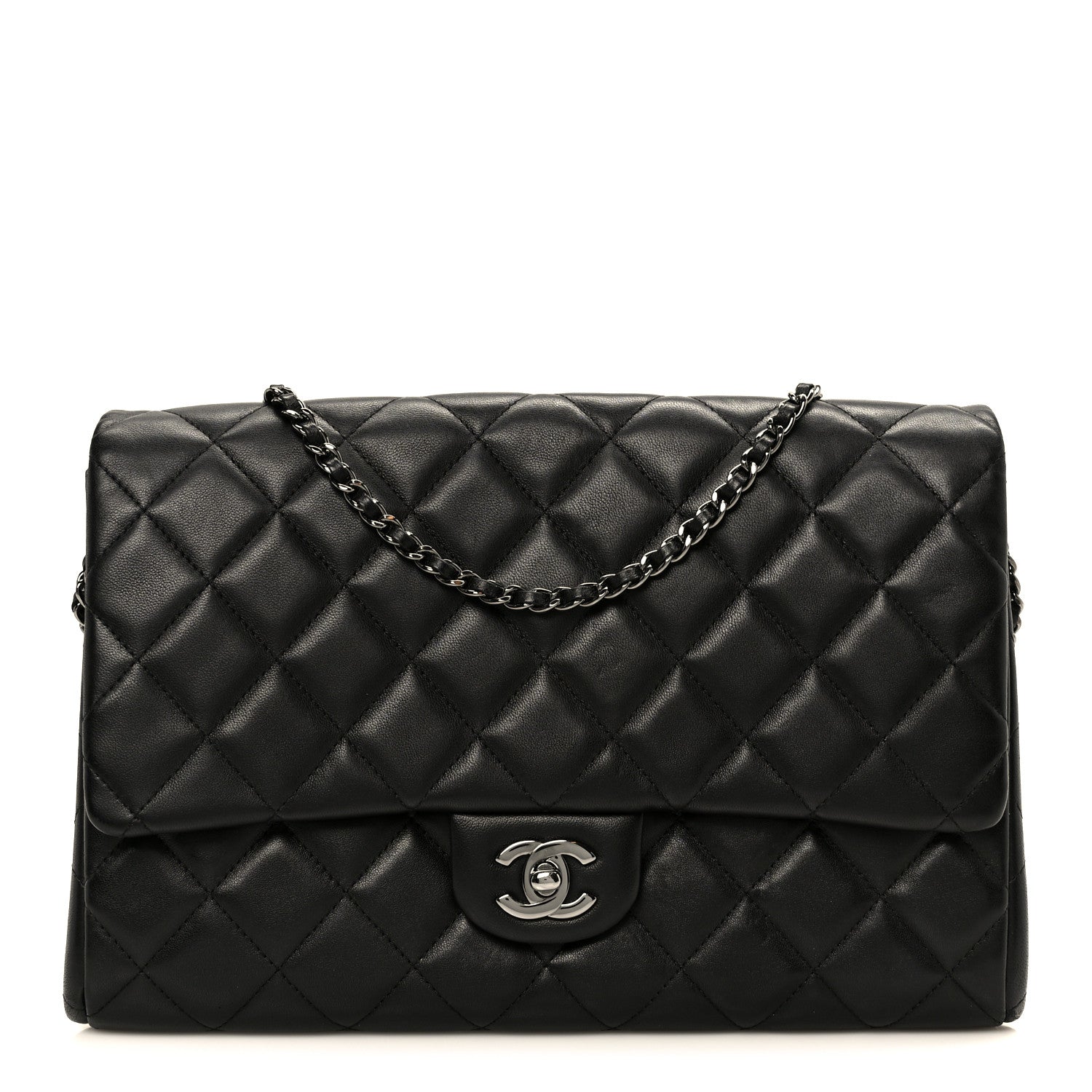 Lambskin Quilted Clutch With Chain Flap Black