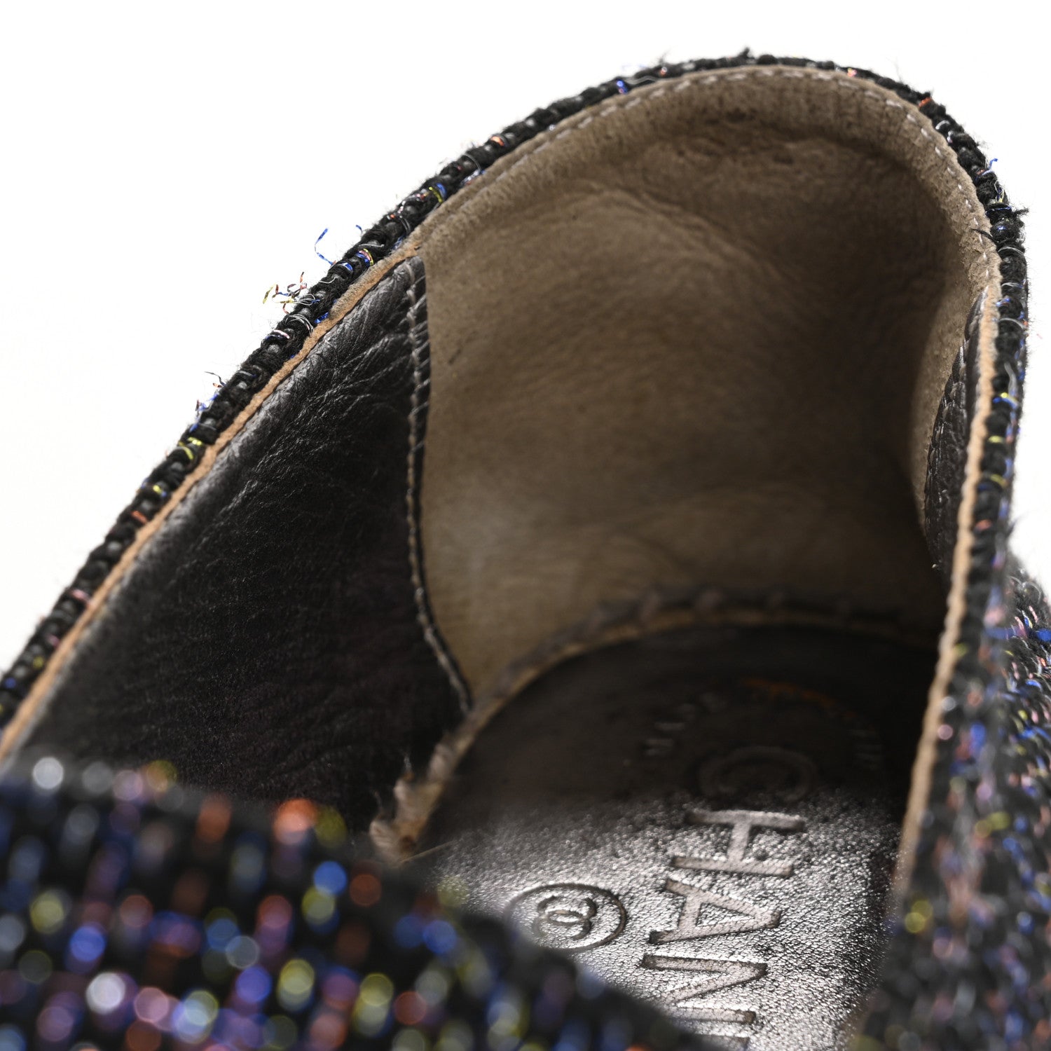Metallic Tweed Patent CC Espadrilles 37 Black Silver
