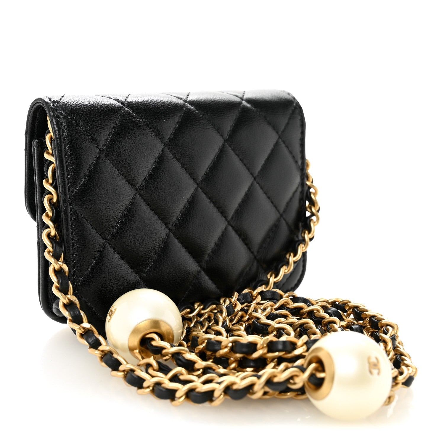 Lambskin Quilted Maxi Pearl Clutch With Chain Black