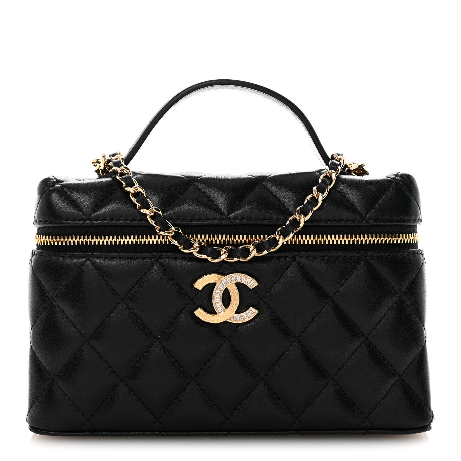 Lambskin Quilted Crystal Ridged CC Top Handle Slim Vanity Case With Chain Black