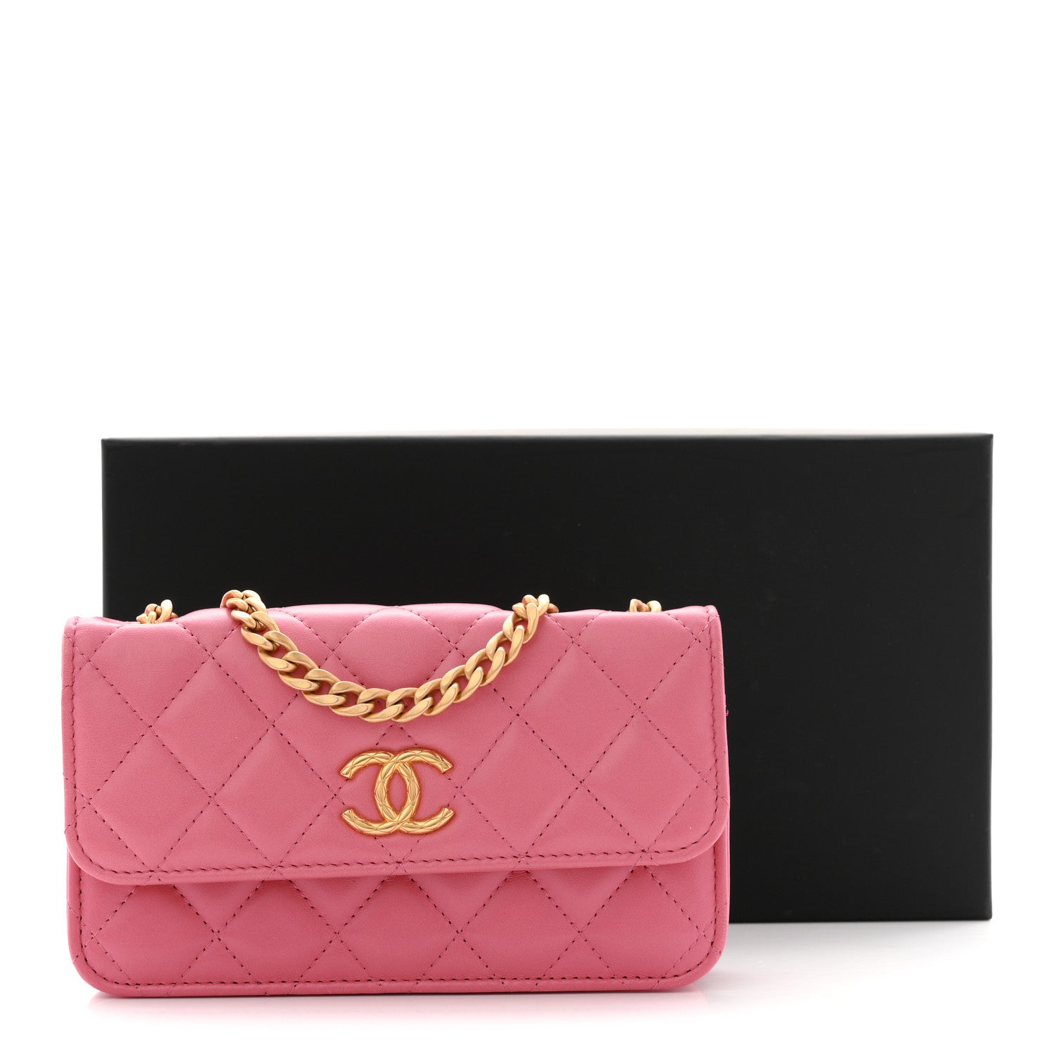 Lambskin Quilted Pillow Crush Flap Phone Holder With Chain Pink
