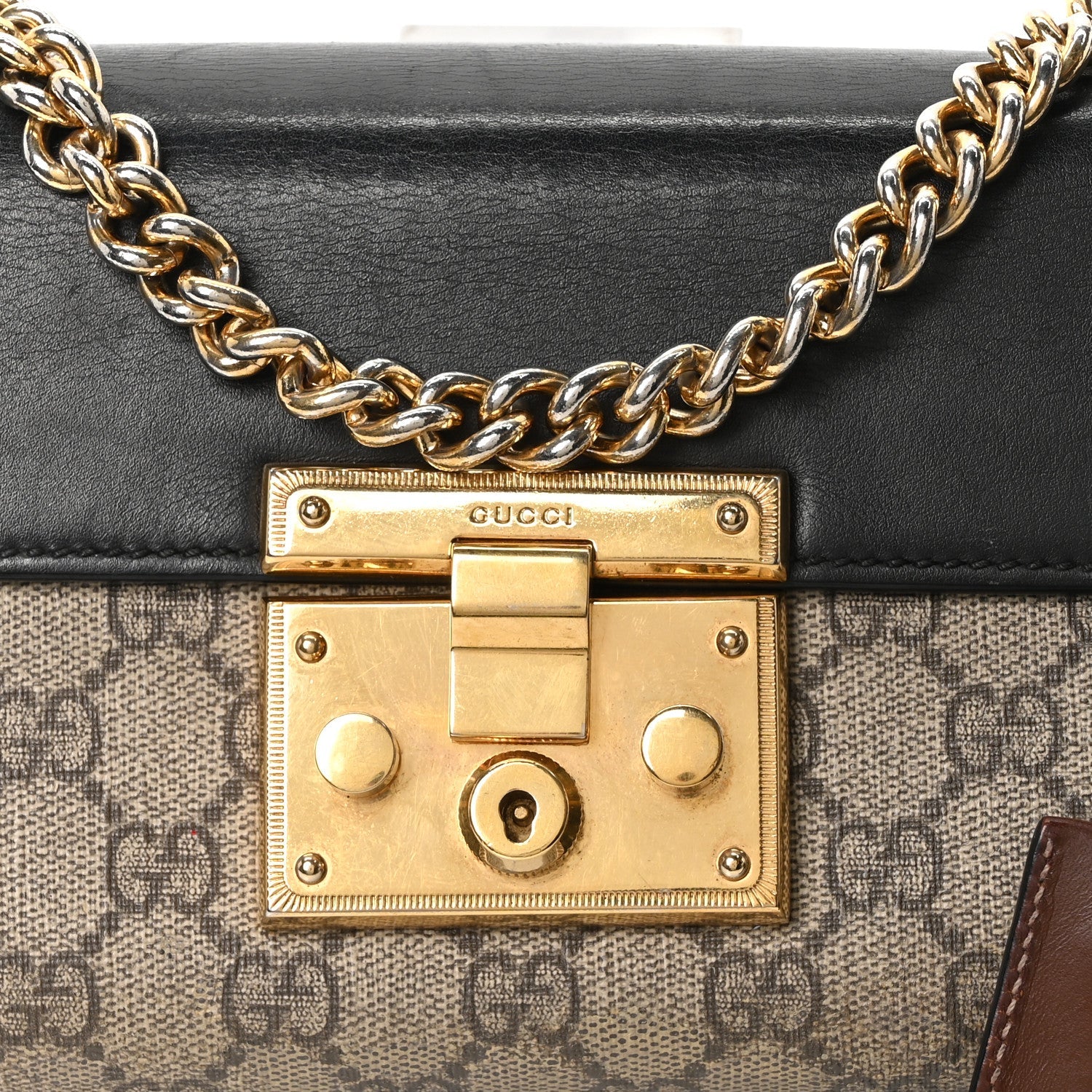 GG Supreme Monogram Calfskin Small Padlock Shoulder Bag Beige Black Cuir