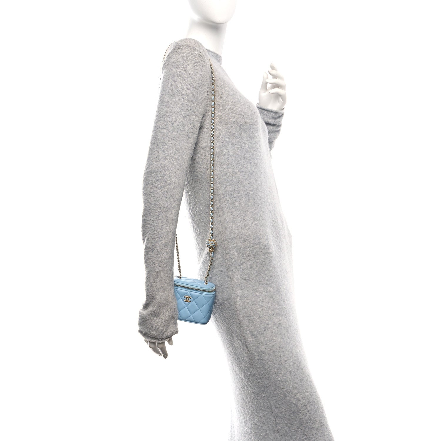 Lambskin Quilted Pearl Crush Mini Vanity Case With Chain Light Blue