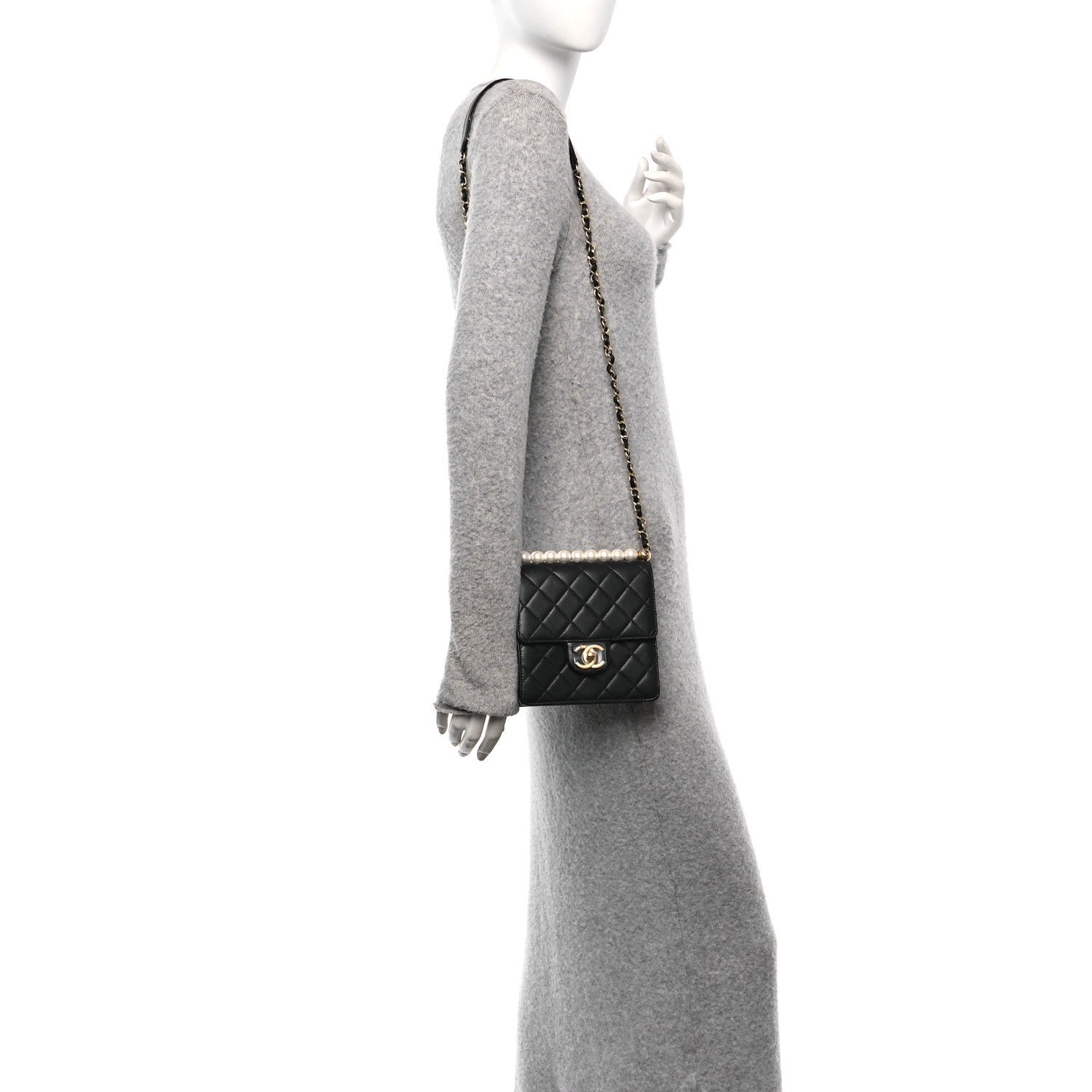 Lambskin Quilted Chic Pearls Flap Black