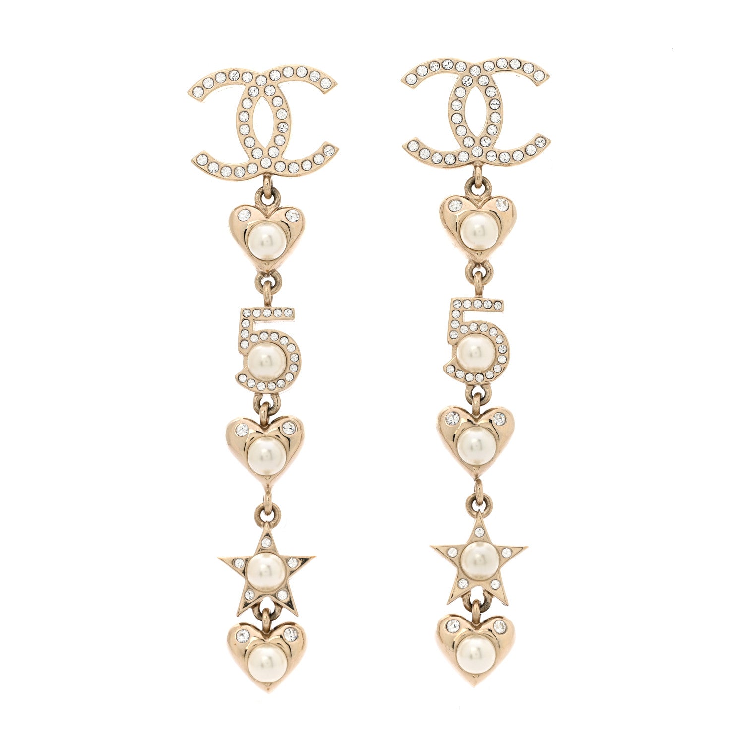 Crystal Pearl Charming Winter CC Star Heart Drop Earrings Gold