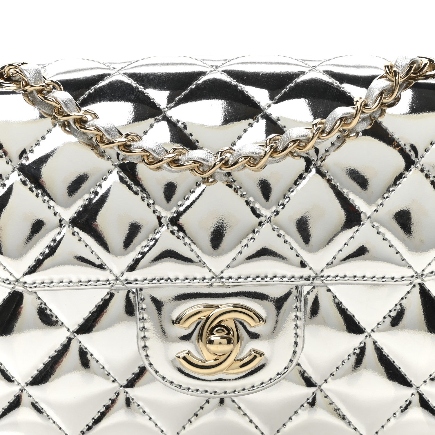 Mirror Calfskin Metallic Calfskin Quilted Hollywood Boulevard Mini Flap With Star Coin Purse Silver