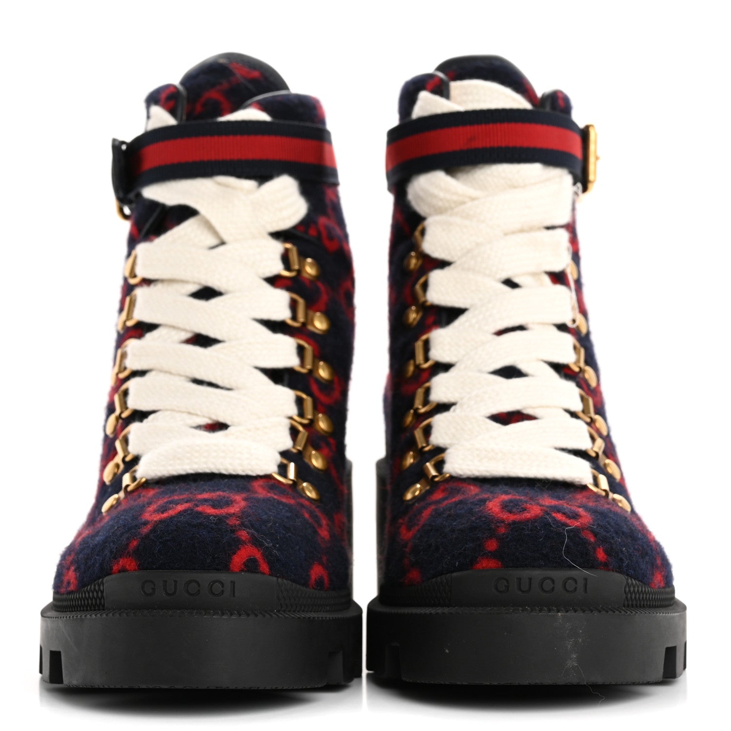 Covered Wool Big GG Monogram Womens Lace Up Combat Ankle Boots 37 Blue Red