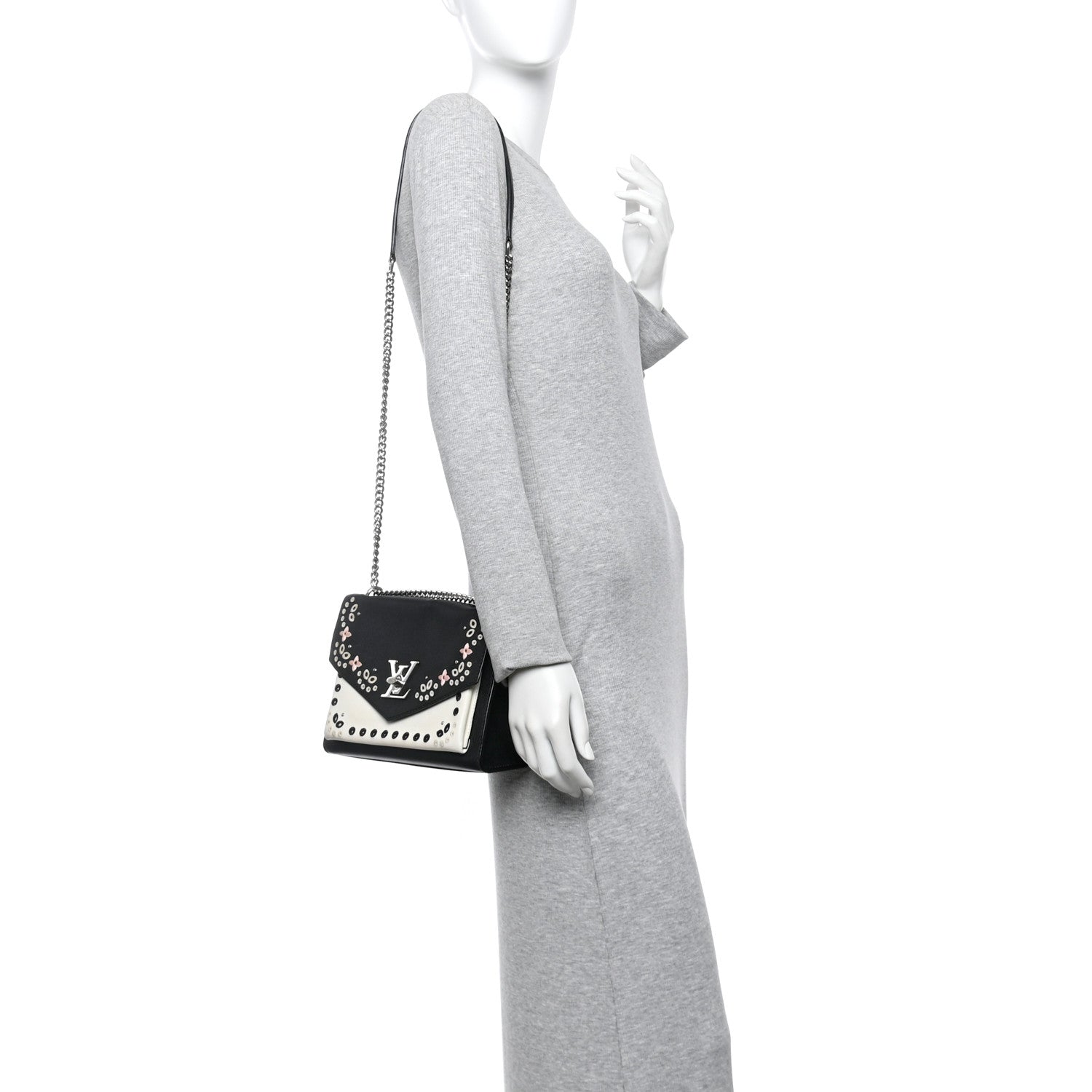 Soft Calfskin Embroidered My Lockme Chain Bag BB Black Snow White