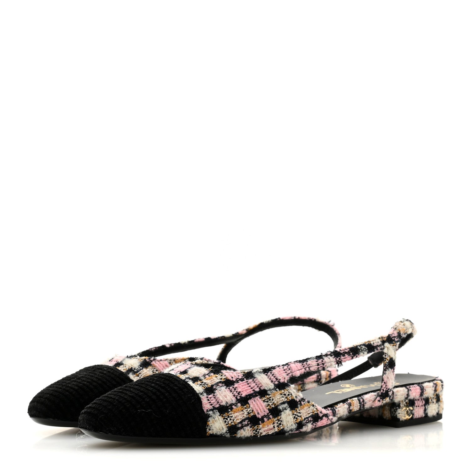 Tweed Cap Toe CC Slingback Flats 40 Black Pink White
